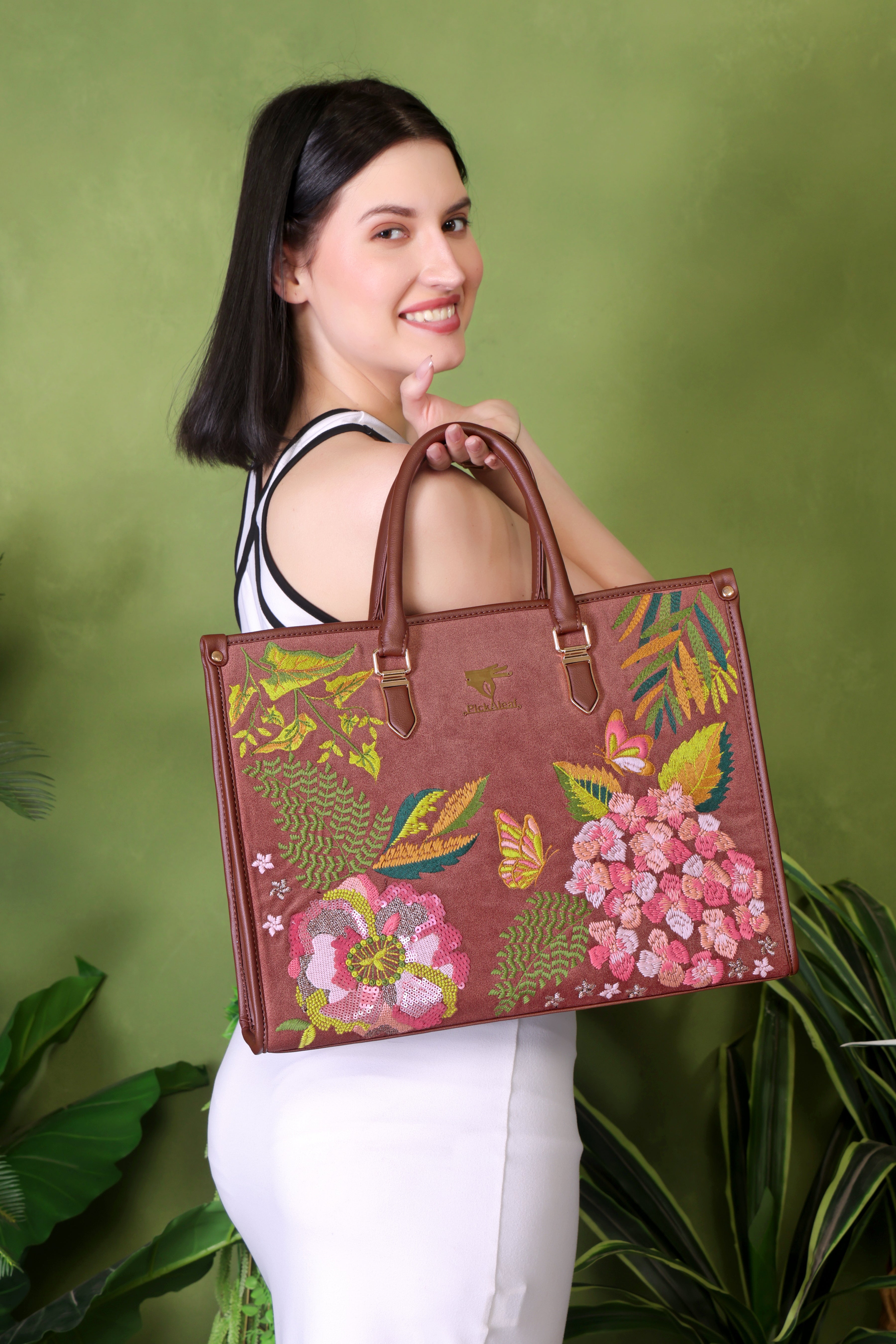 Brown Embroidery Blossom Wood Shoulder Bag