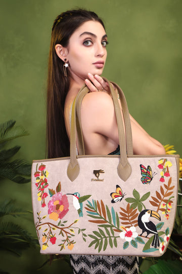 Beige Embroidery Mystic Garden Tote Bag | Work & Everyday Use