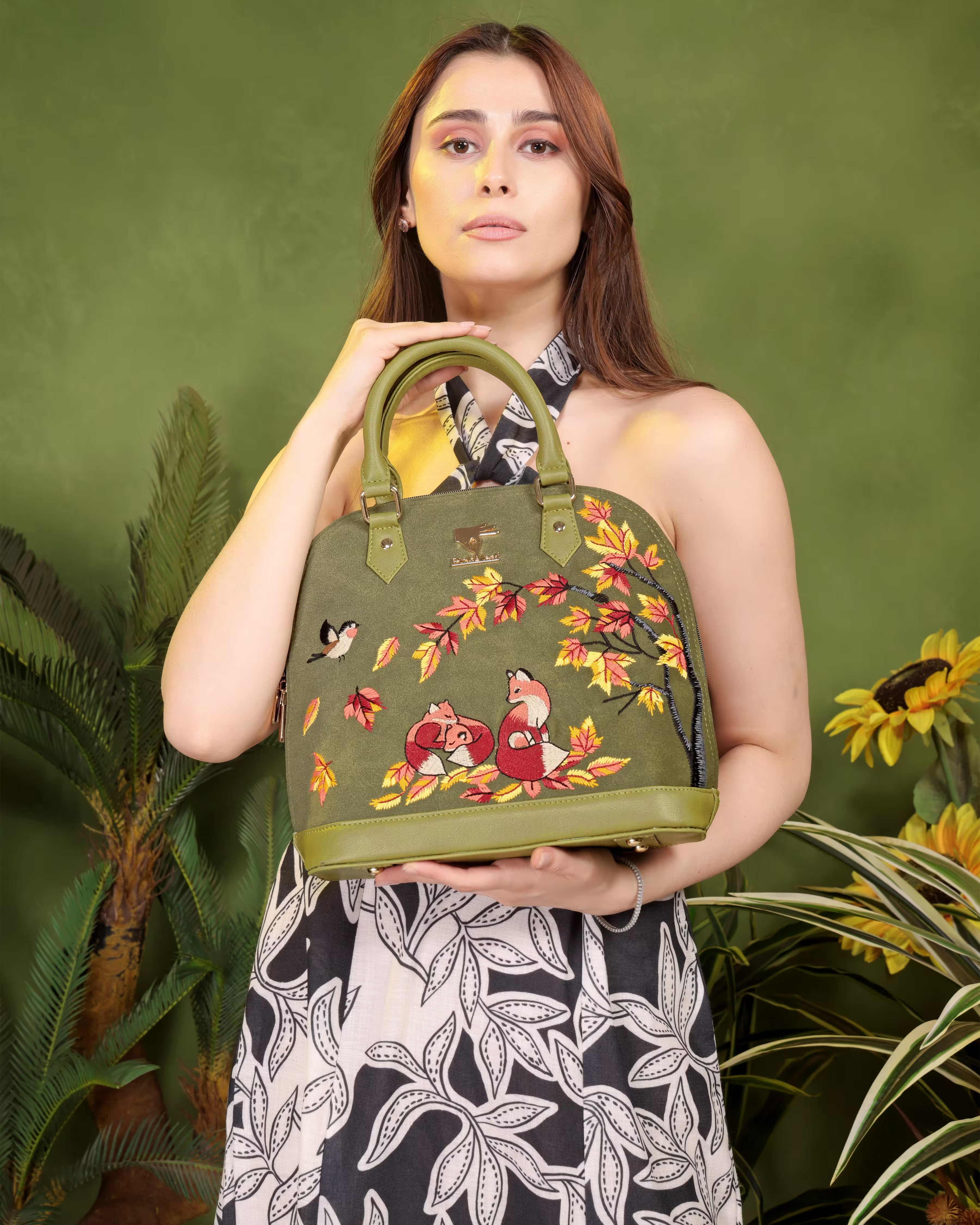Olive Green Embroidery Autumn Whisper Hand Bag