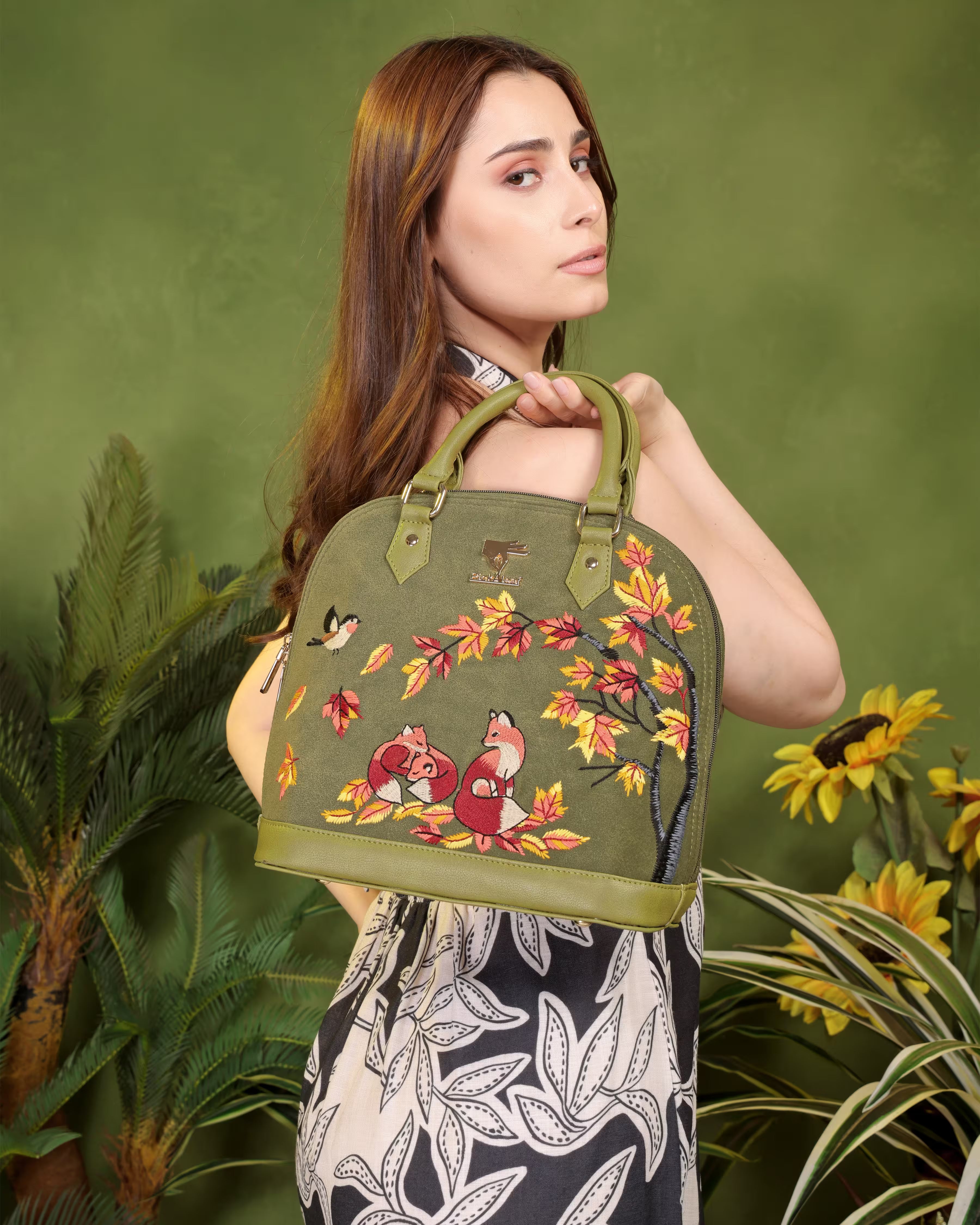 Olive Green Embroidery Autumn Whisper Hand Bag