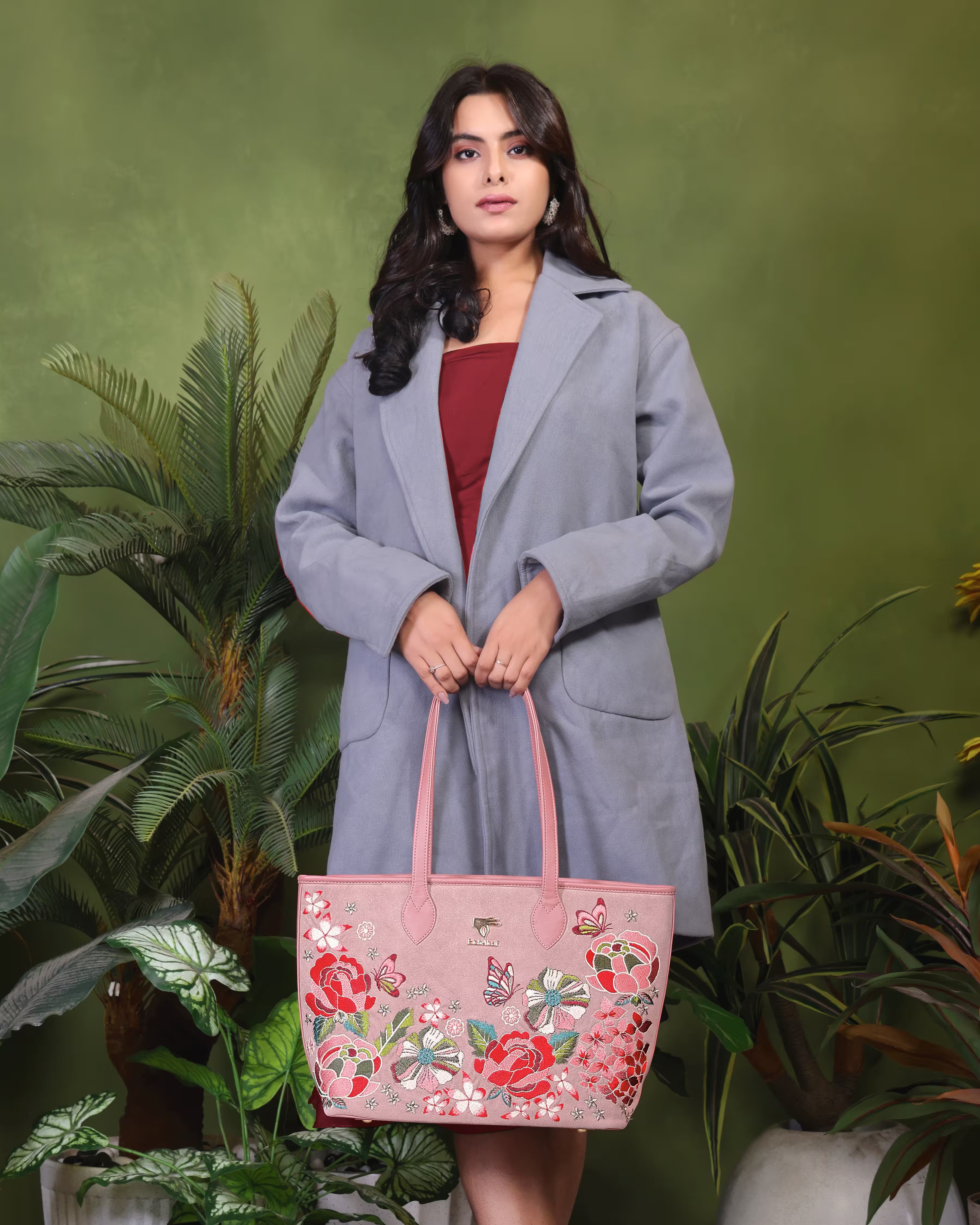 Pink Embroidery Vegan Leather Tote Bag | Work & Casual Use