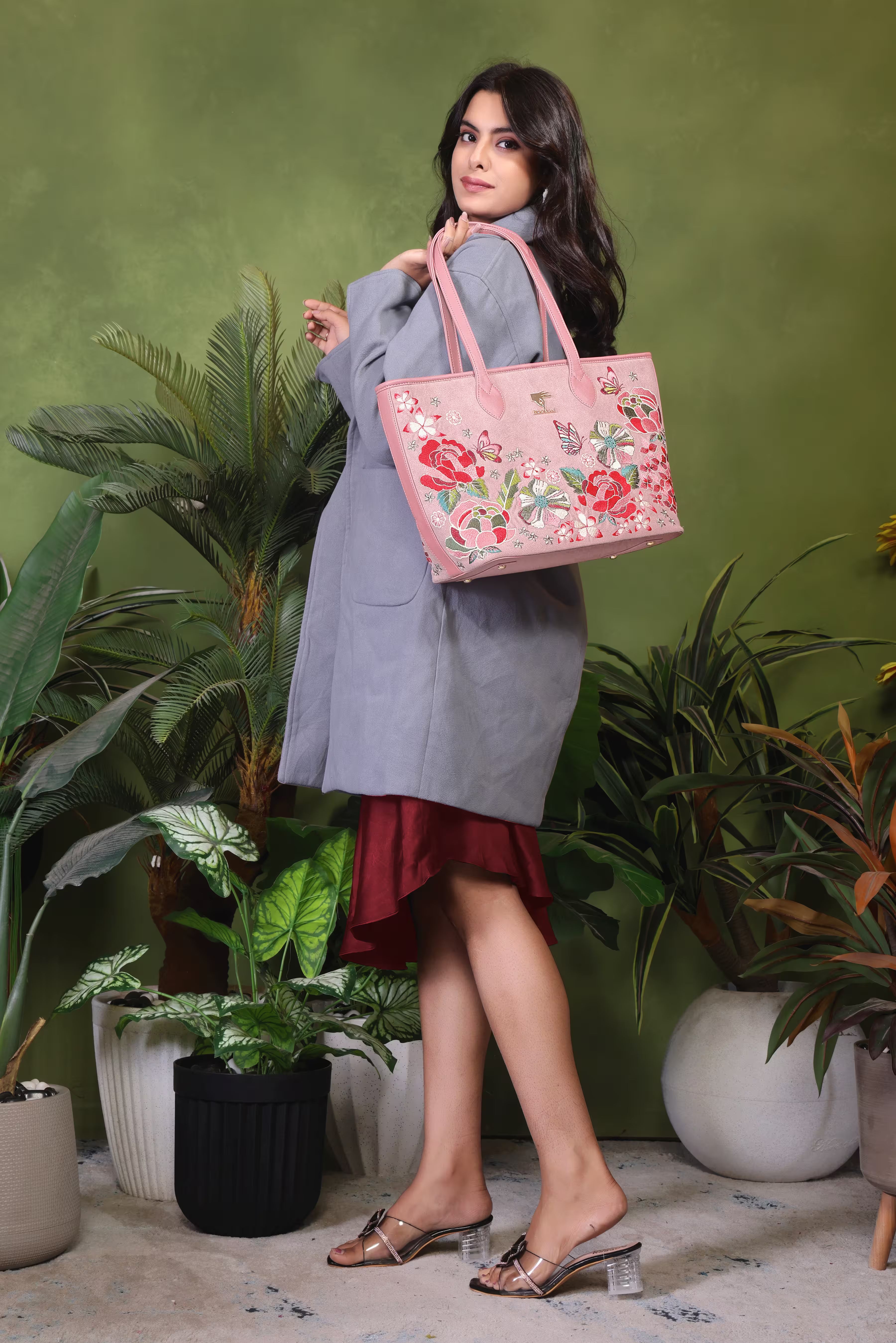Pink Embroidery Vegan Leather Tote Bag | Work & Casual Use