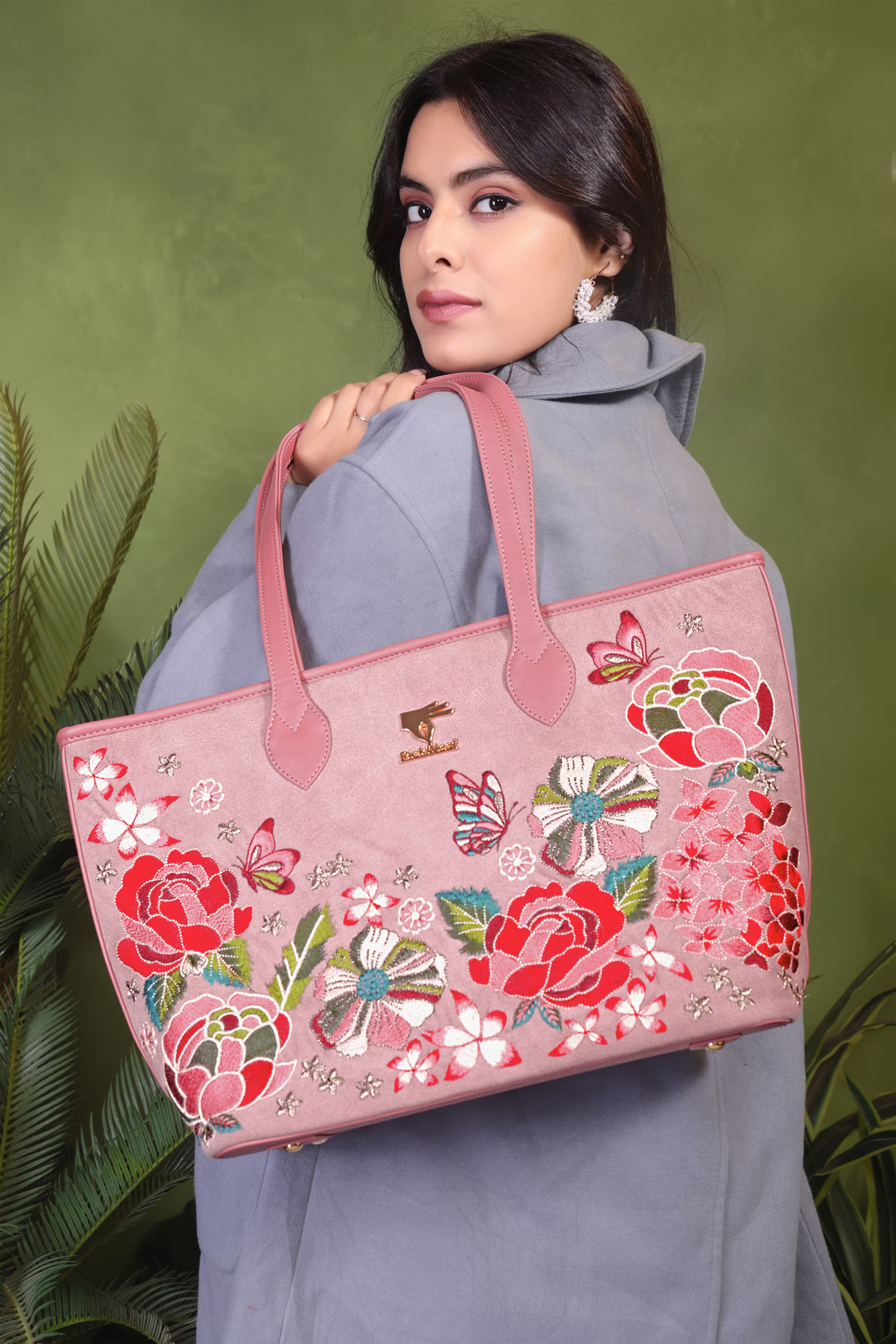 Pink Embroidery Vegan Leather Tote Bag | Work & Casual Use