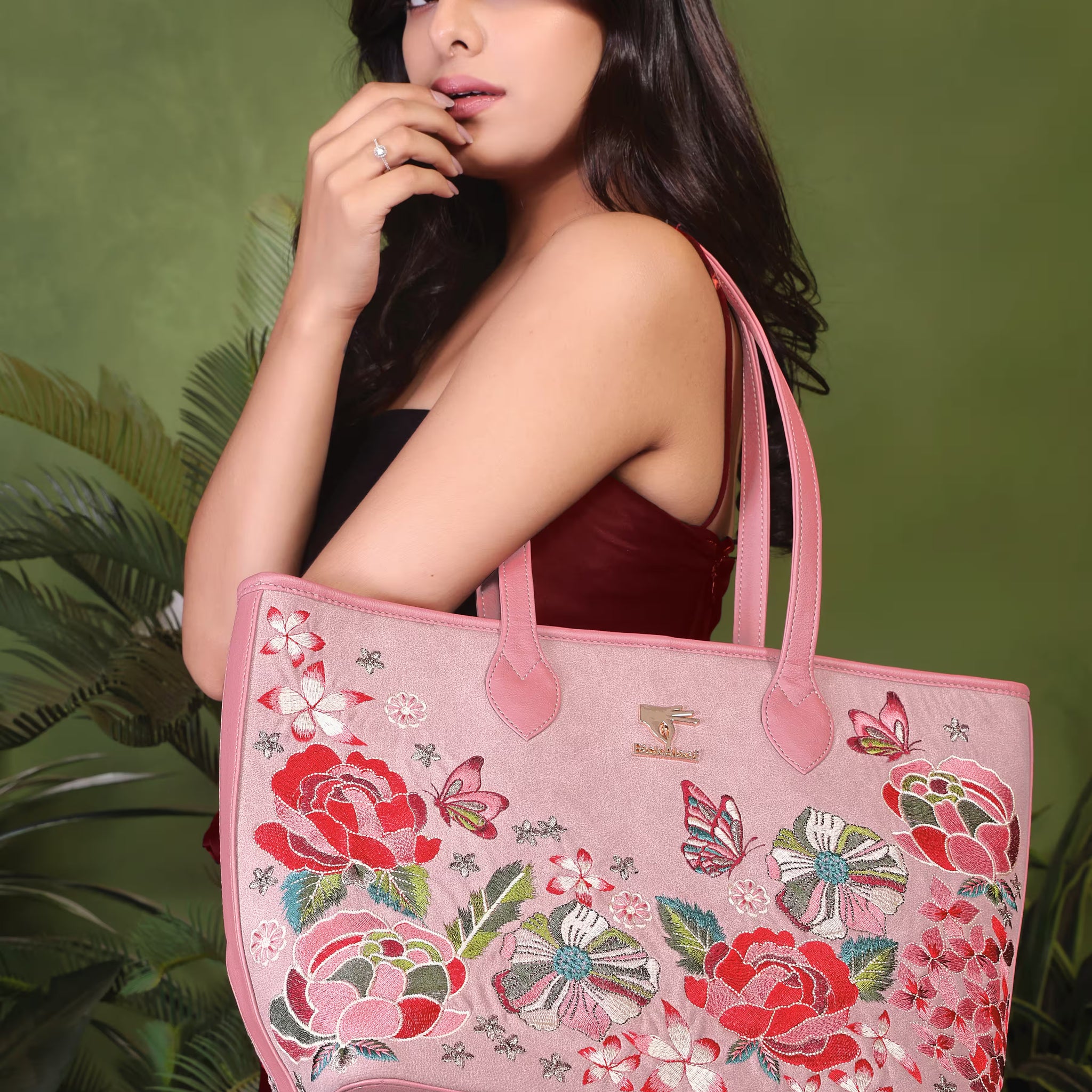 Pink Embroidery Vegan Leather Tote Bag | Work & Casual Use