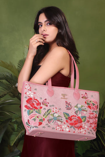 Pink Embroidery Vegan Leather Tote Bag | Work & Casual Use
