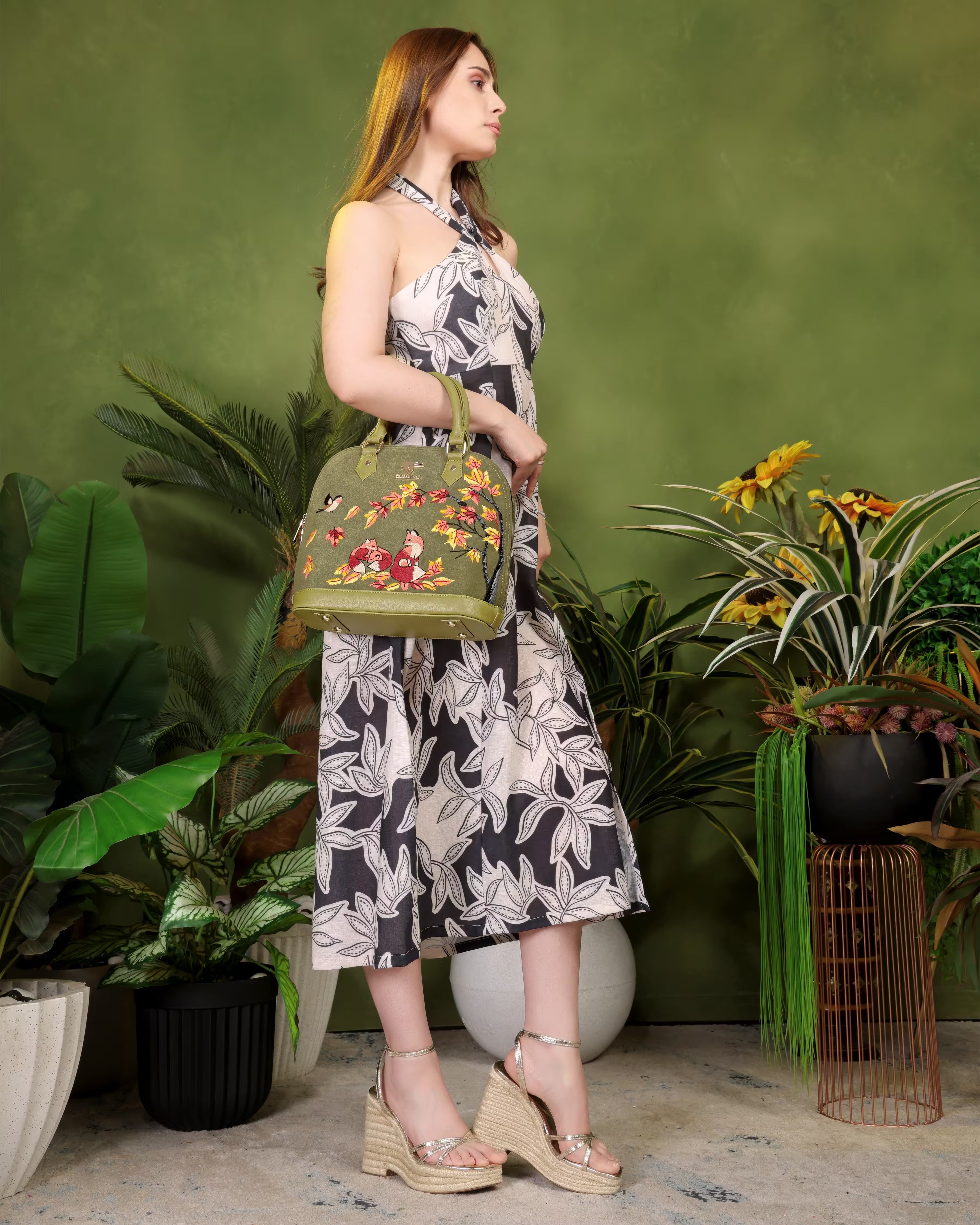 Olive Green Embroidery Autumn Whisper Hand Bag