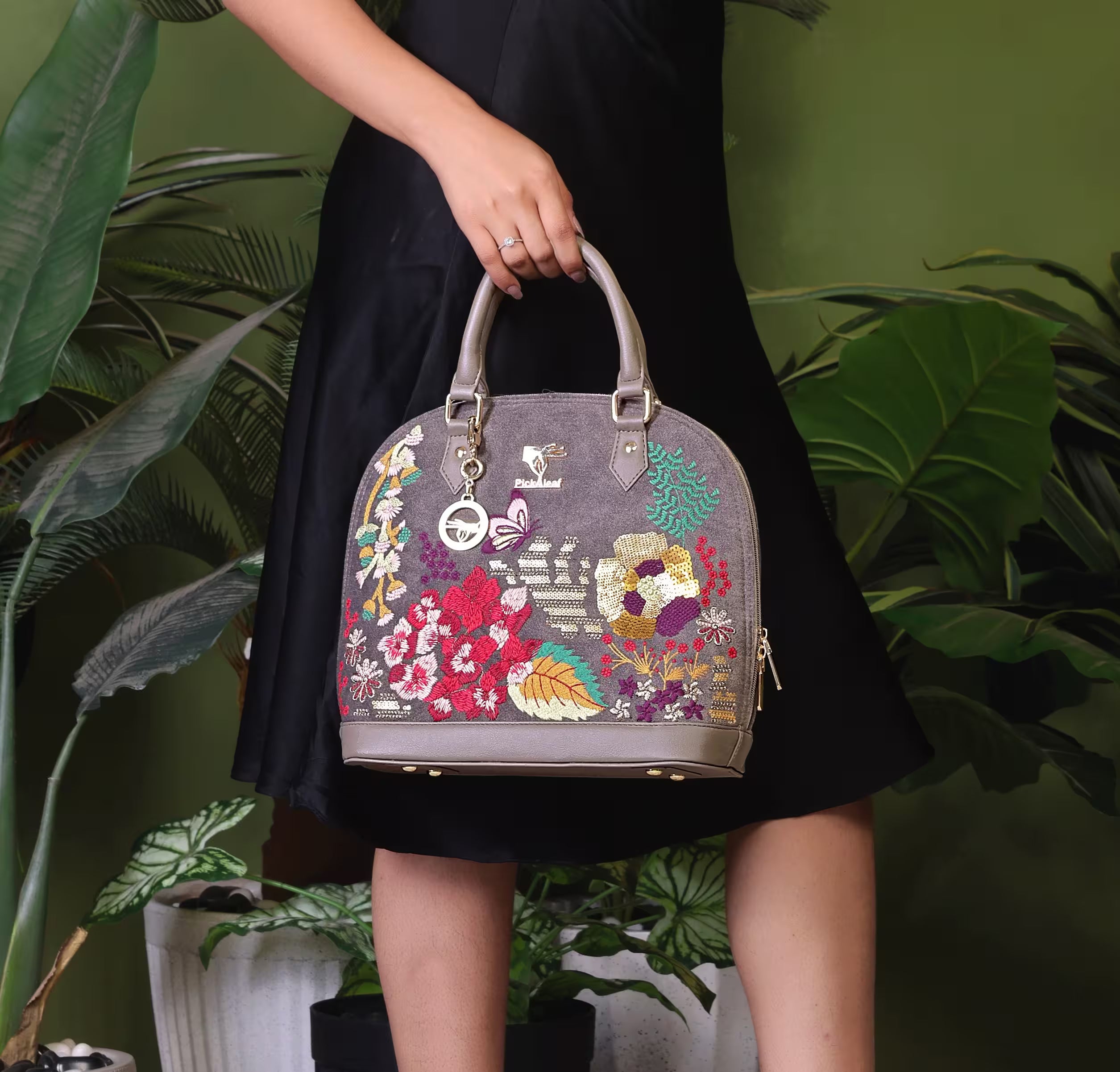 Grey Embroidery Garden Grey Hand Bag