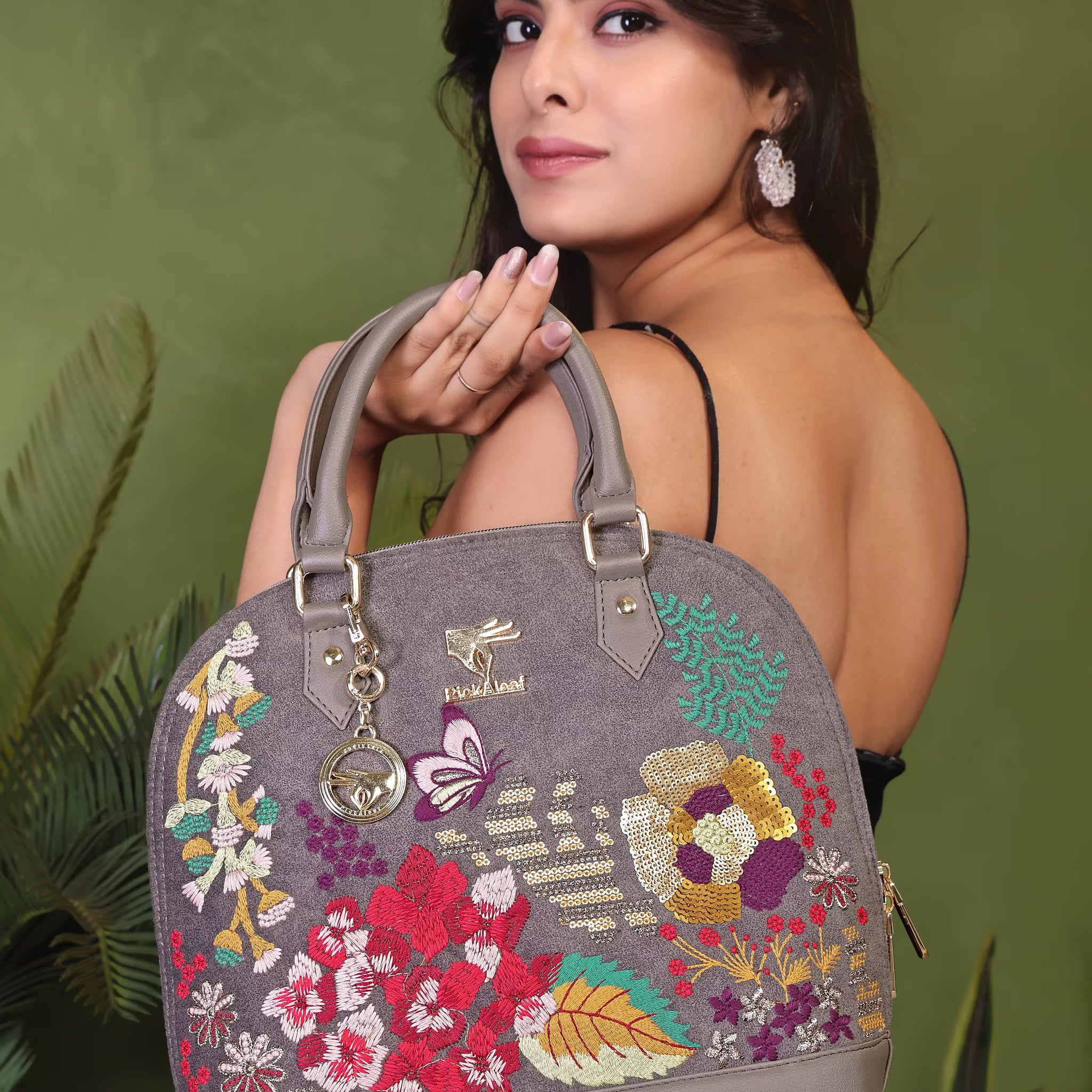 Grey Embroidery Garden Grey Hand Bag