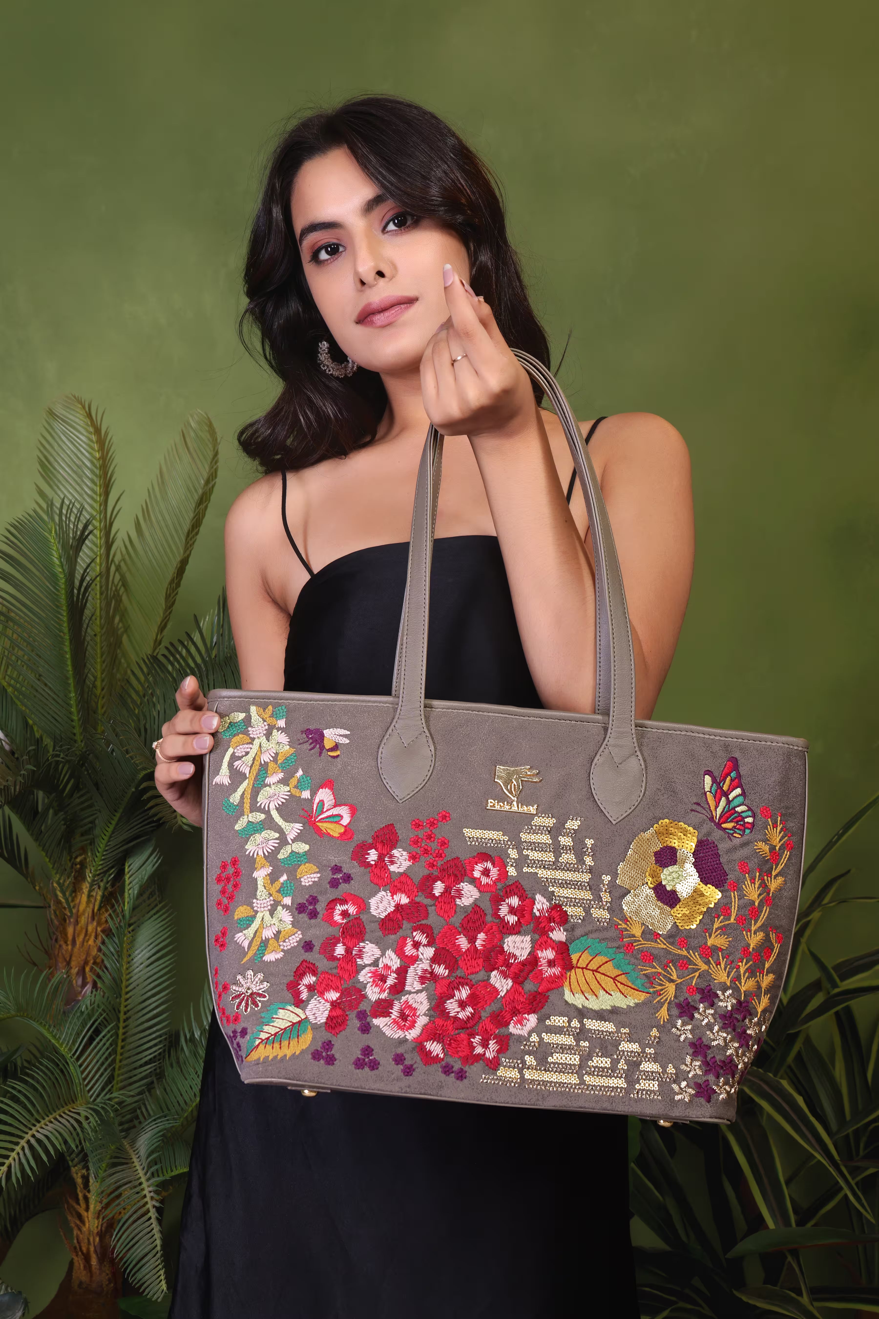 Grey Embroidery Vegan Leather Tote Bag | Function, Gift & Travel