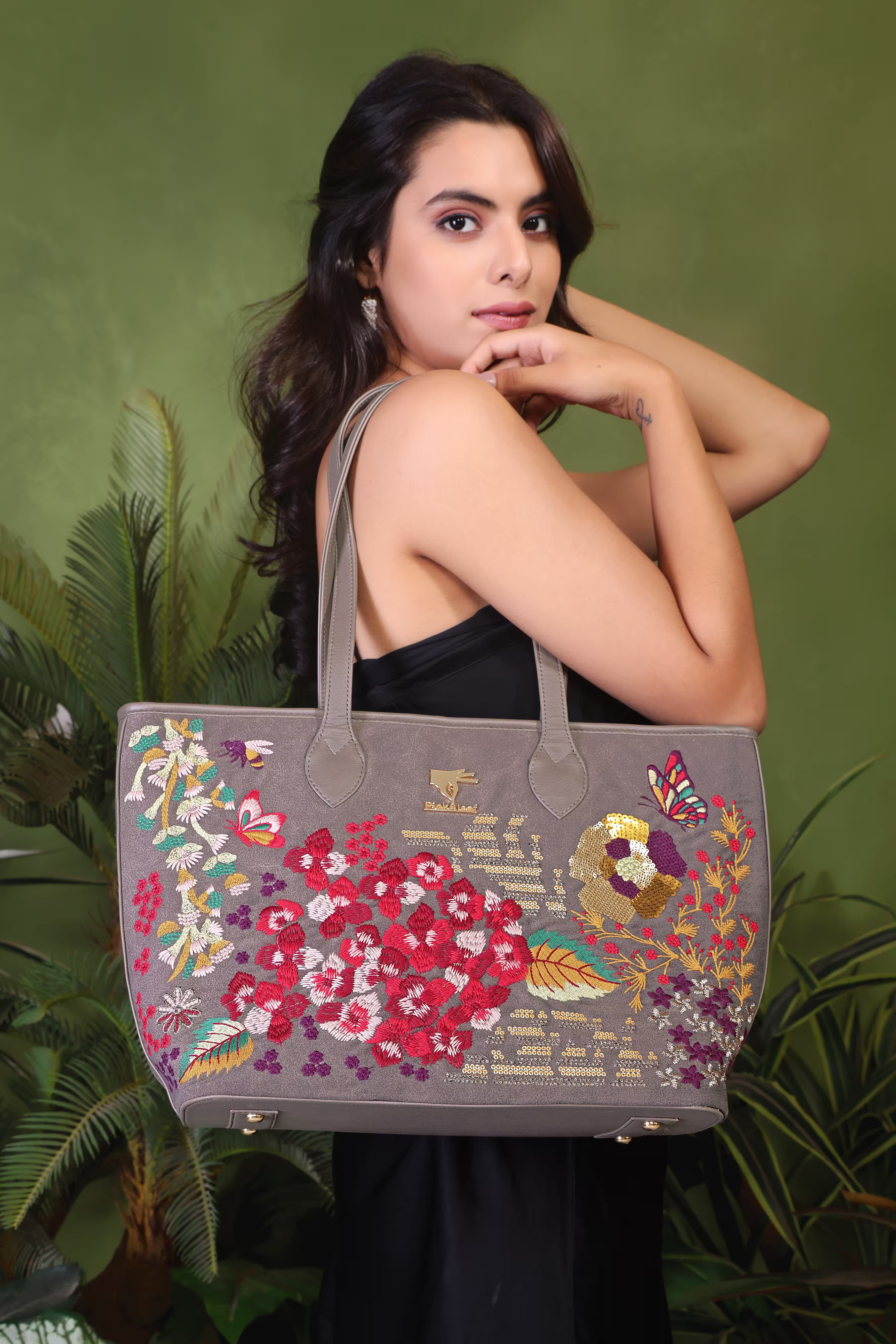 Grey Embroidery Vegan Leather Tote Bag | Function, Gift & Travel