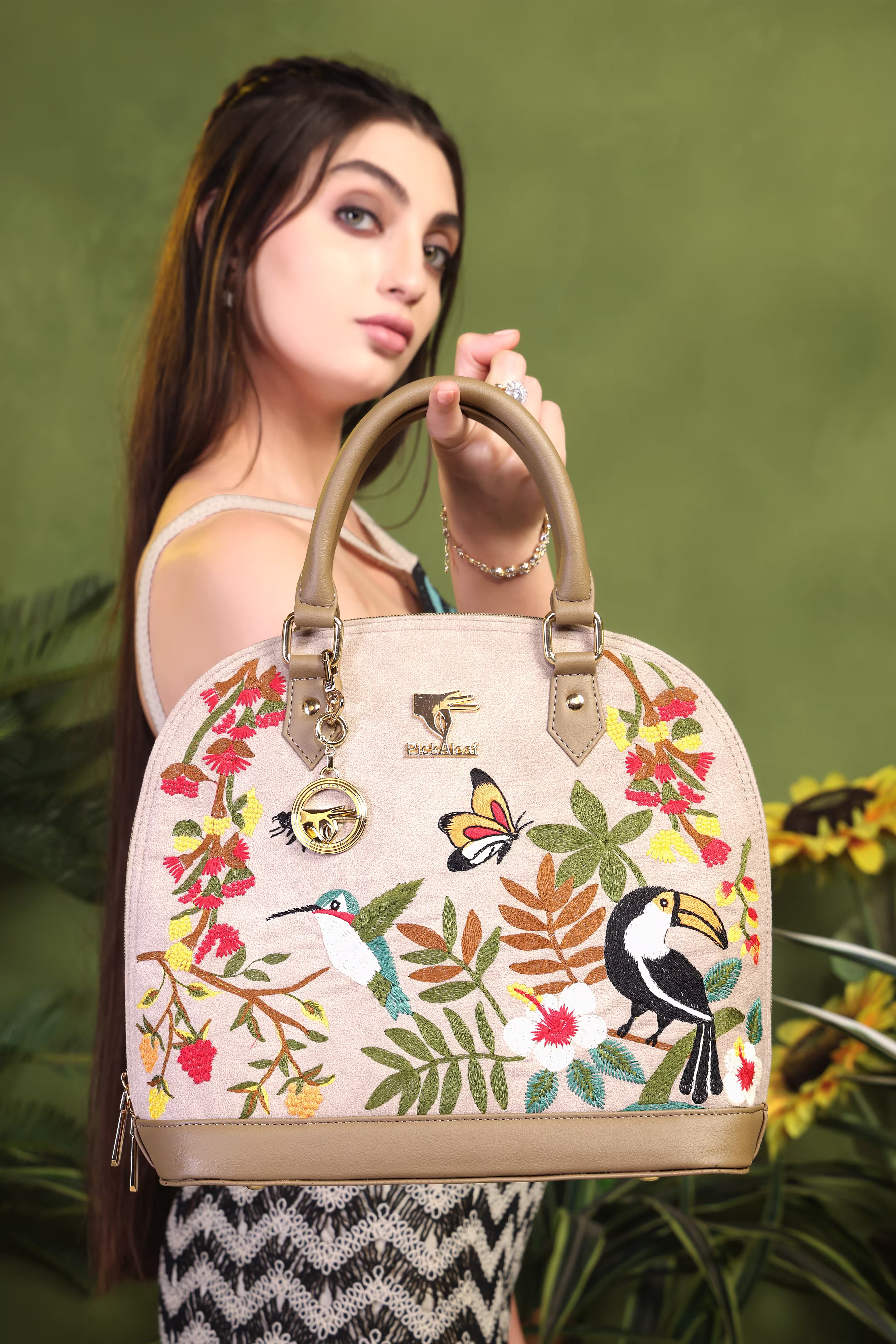 Beige Embroidery Mystic Garden Hand Bag