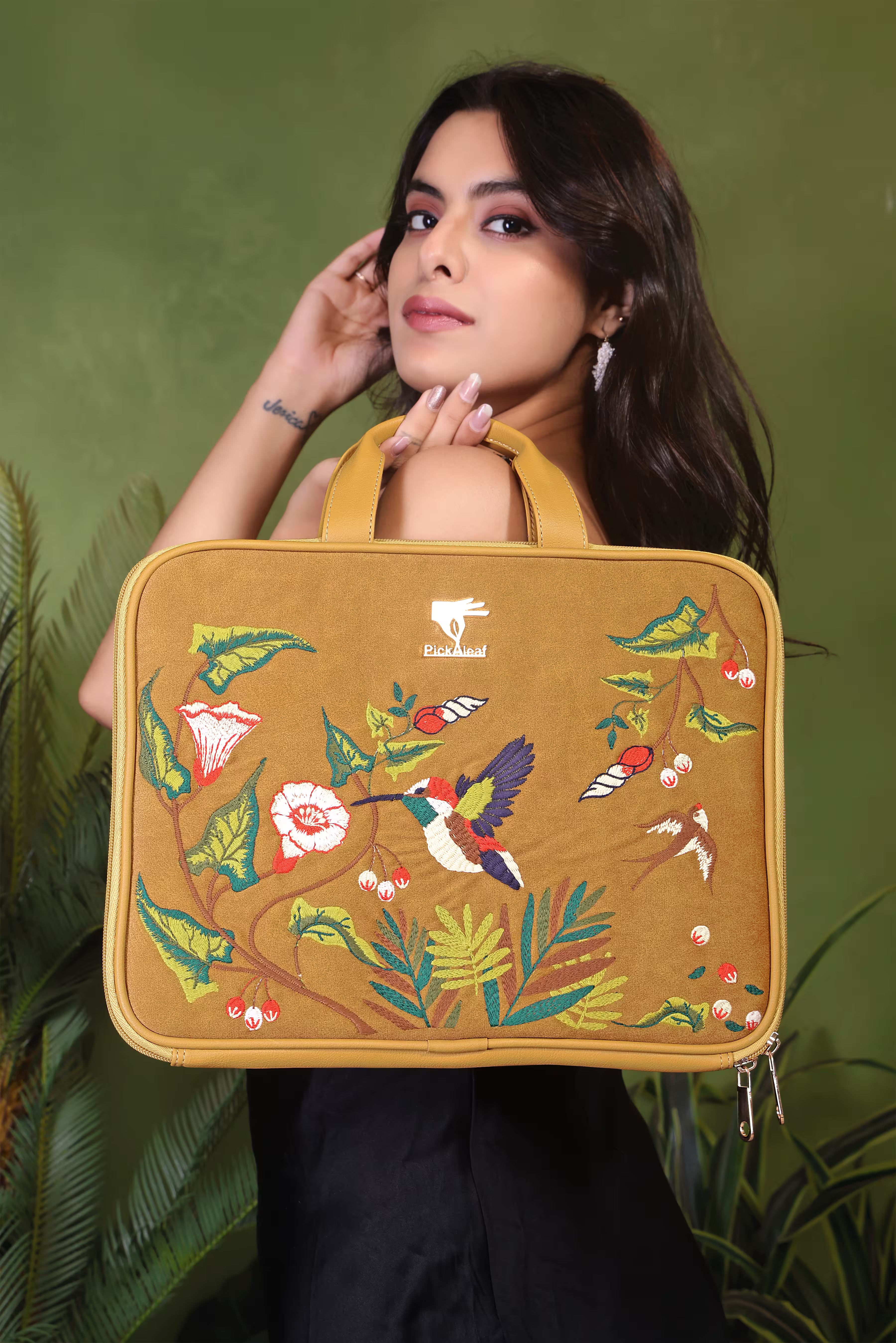Gold Flora Embroidered Laptop Sleeve