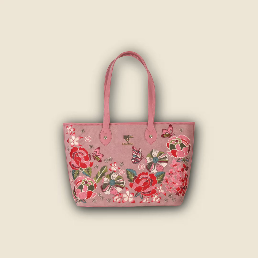 Pink Embroidery Vegan Leather Tote Bag | Work & Casual Use