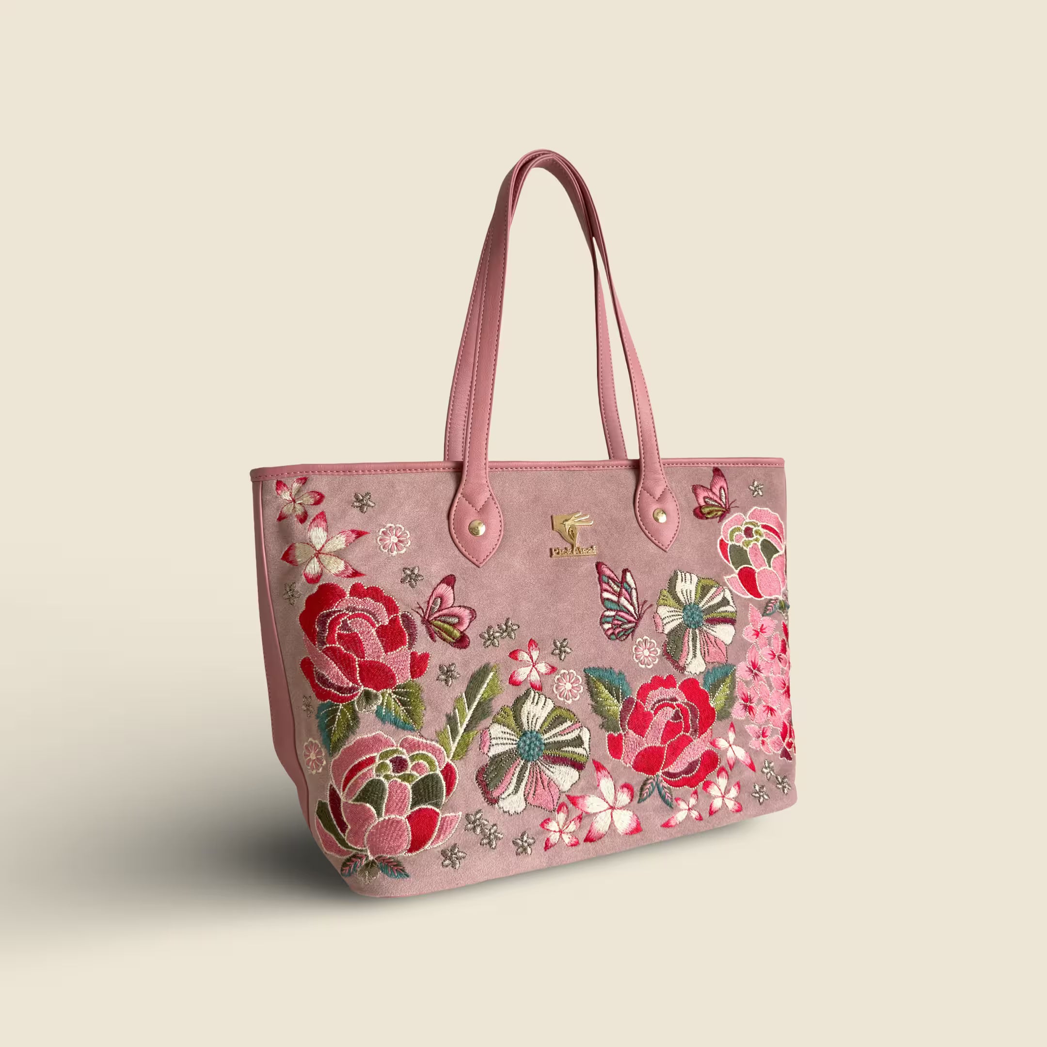 Pink Embroidery Vegan Leather Tote Bag | Work & Casual Use