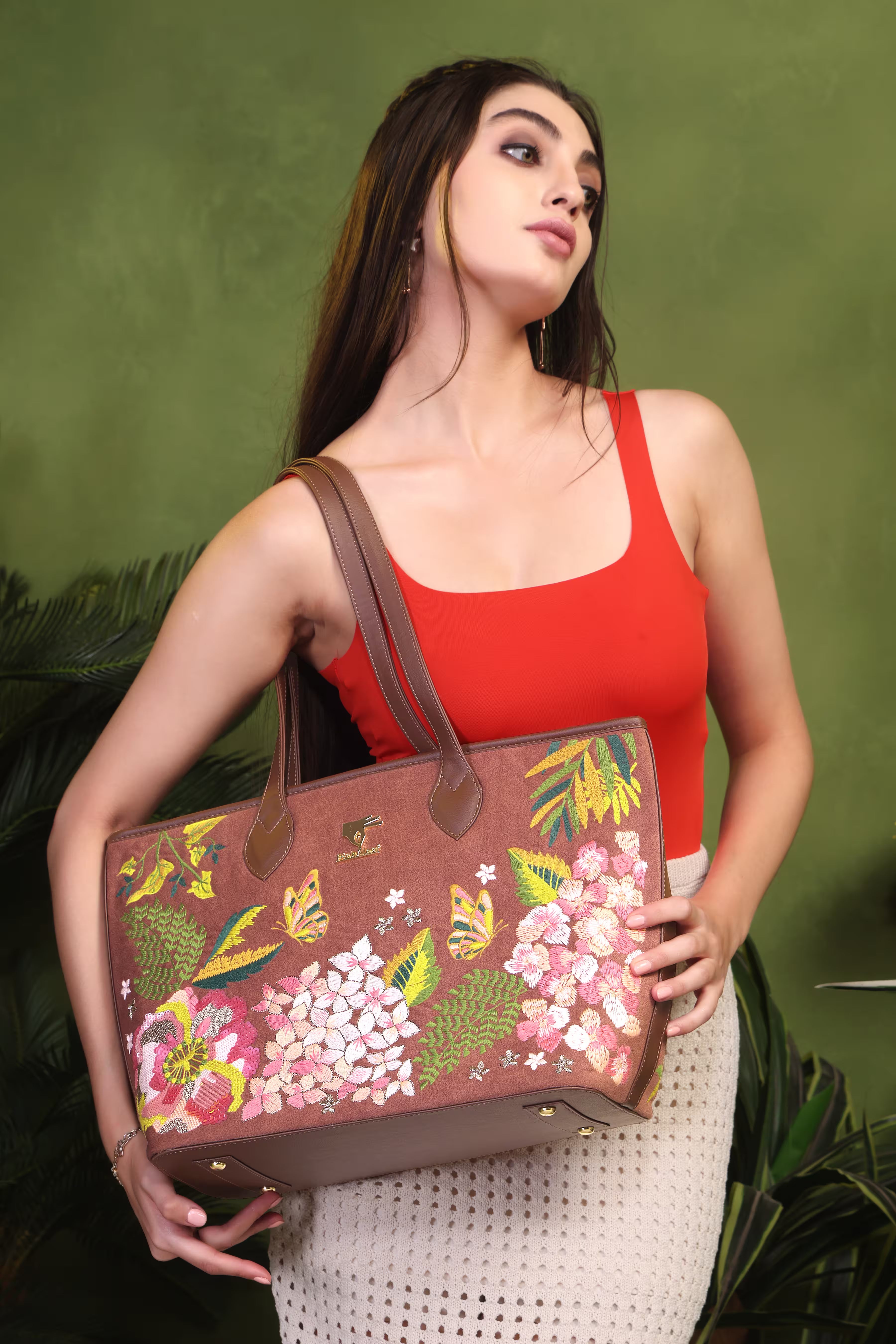 Brown Embroidery Blossom Wood Tote Bag | Wedding, Travel & Gift