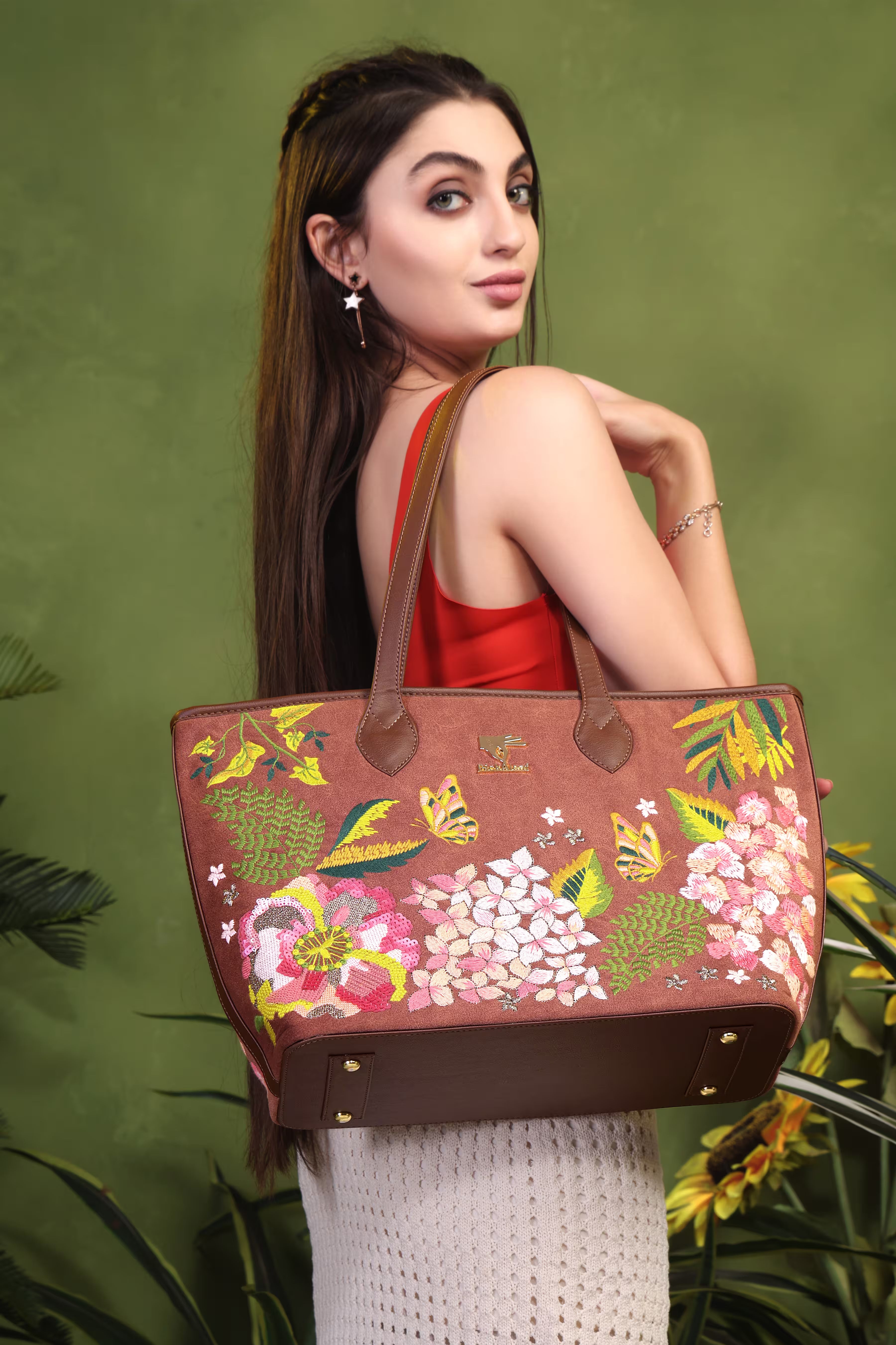 Brown Embroidery Blossom Wood Tote Bag | Wedding, Travel & Gift