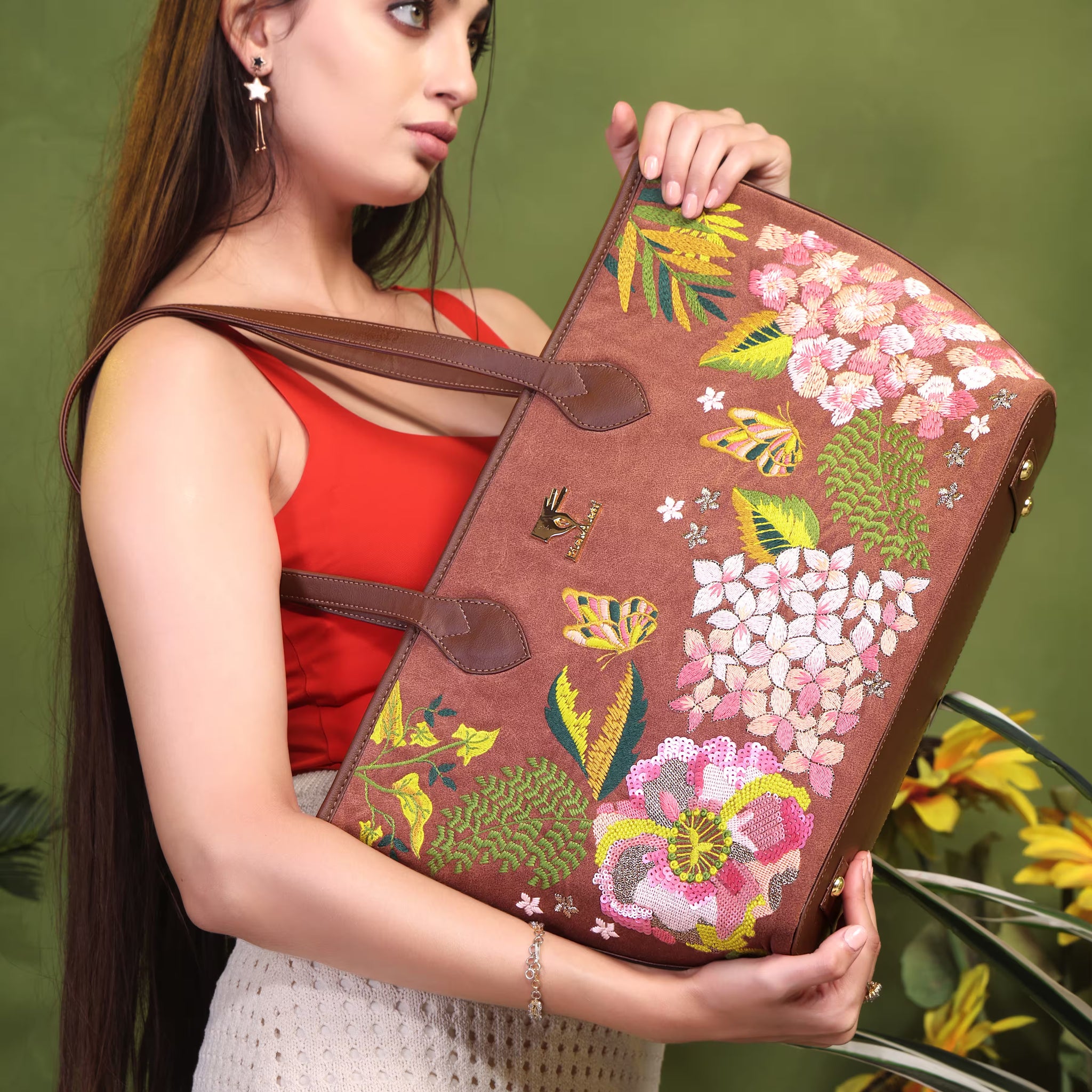 Brown Embroidery Blossom Wood Tote Bag | Wedding, Travel & Gift