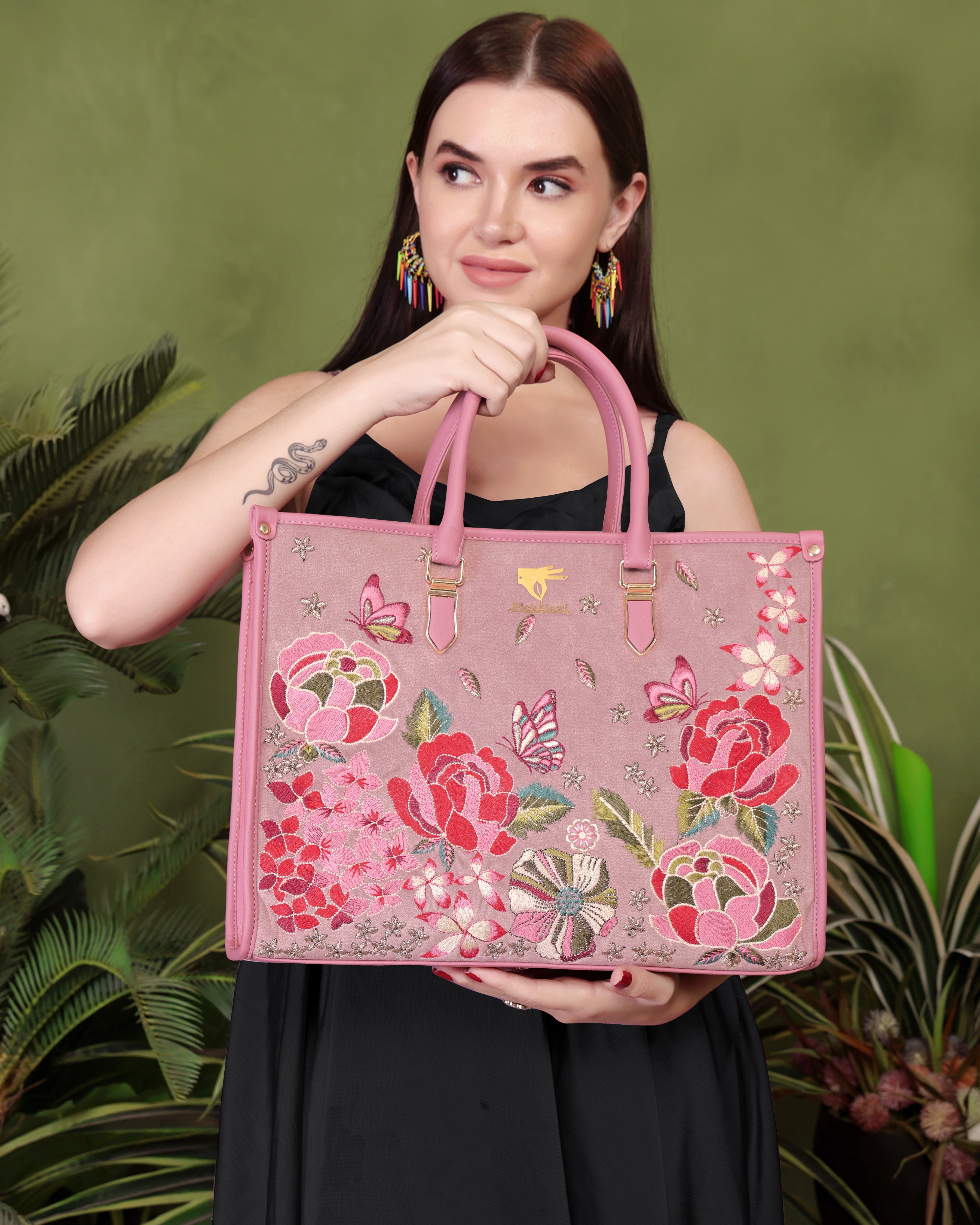 Pink Embroidery Vegan Leather Shoulder Bag