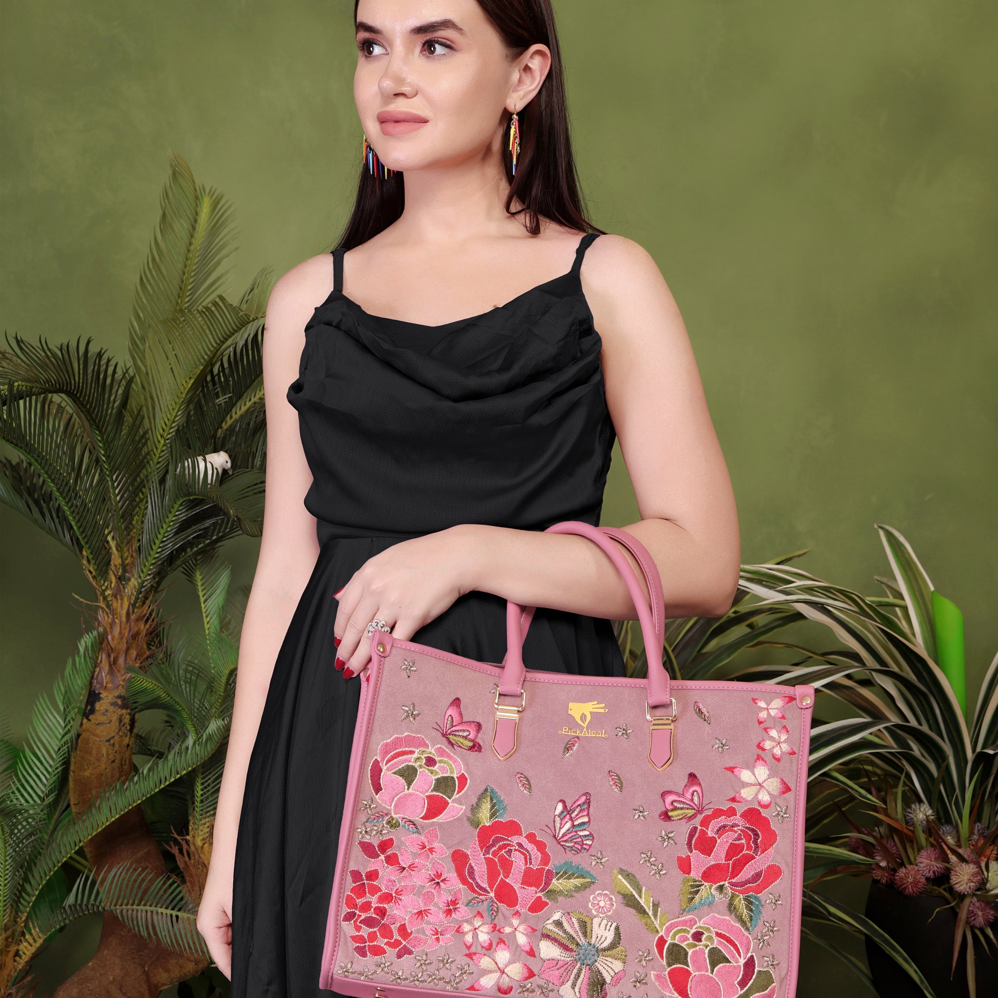 Pink Embroidery Vegan Leather Shoulder Bag