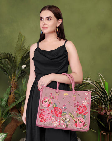 Pink Embroidery Vegan Leather Shoulder Bag