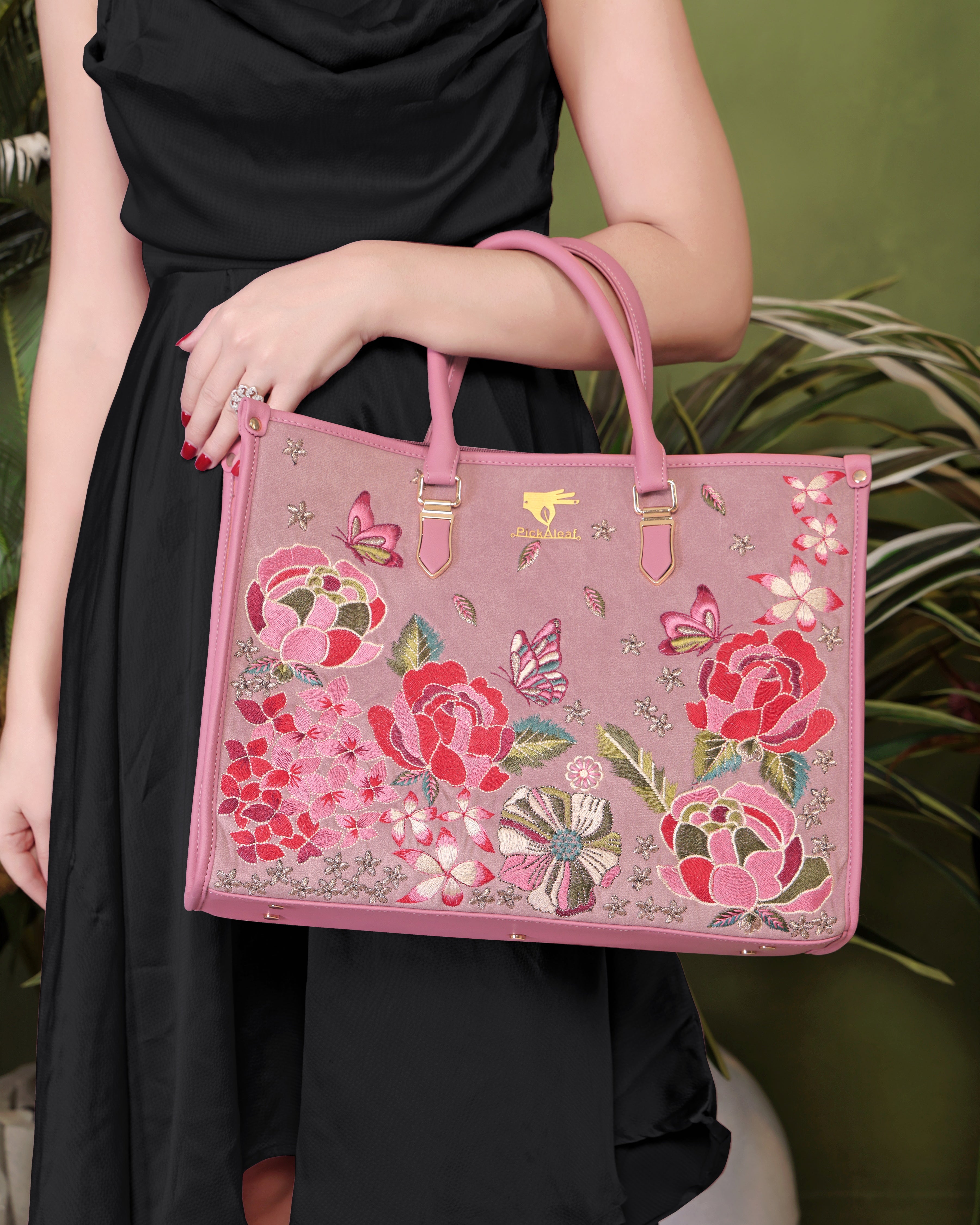 Pink Embroidery Vegan Leather Shoulder Bag