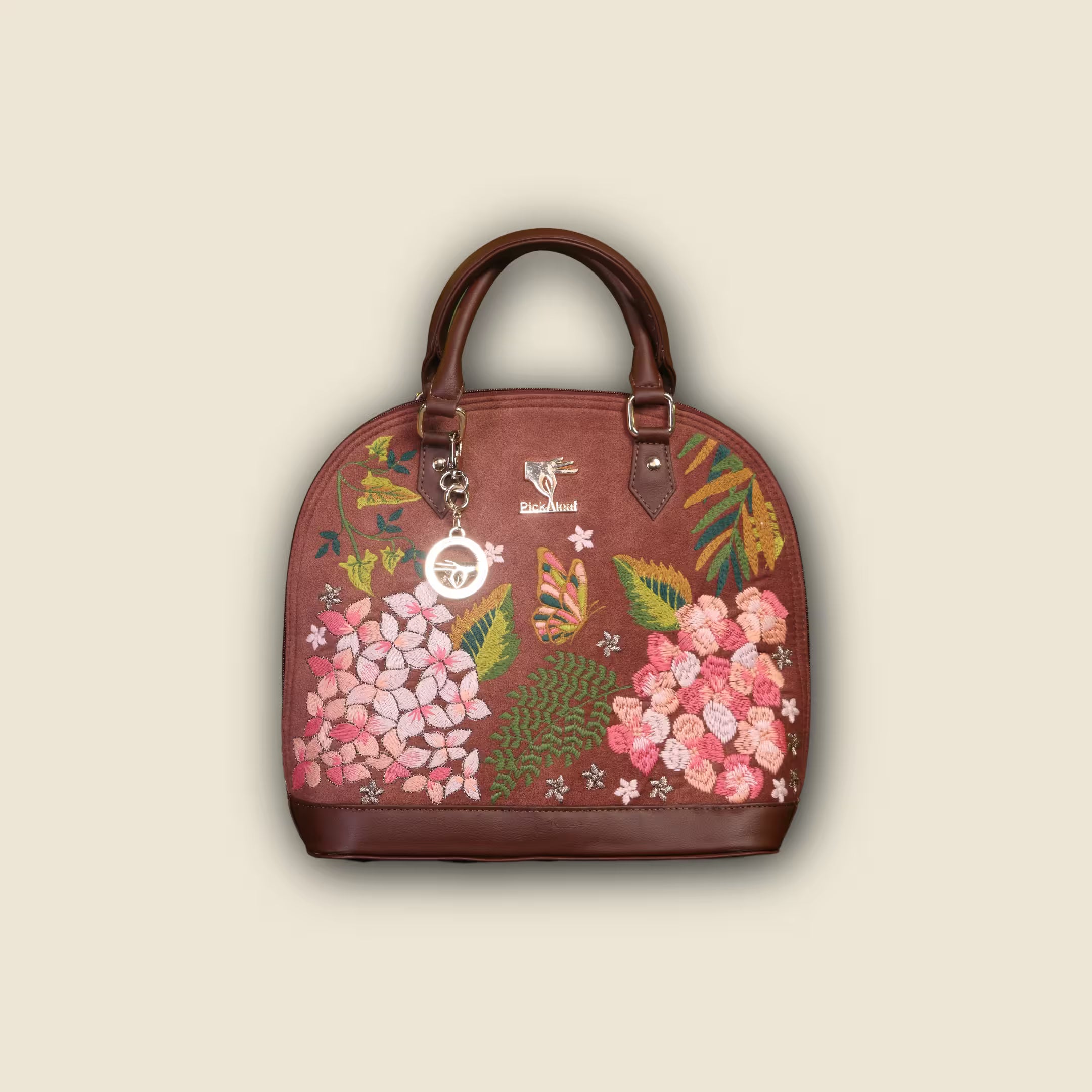 Brown Embroidery Blossom Wood Handbag