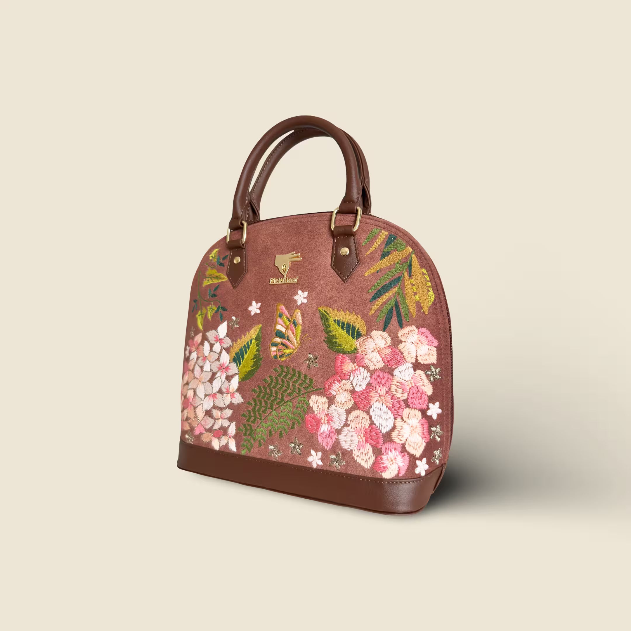 Brown Embroidery Blossom Wood Handbag