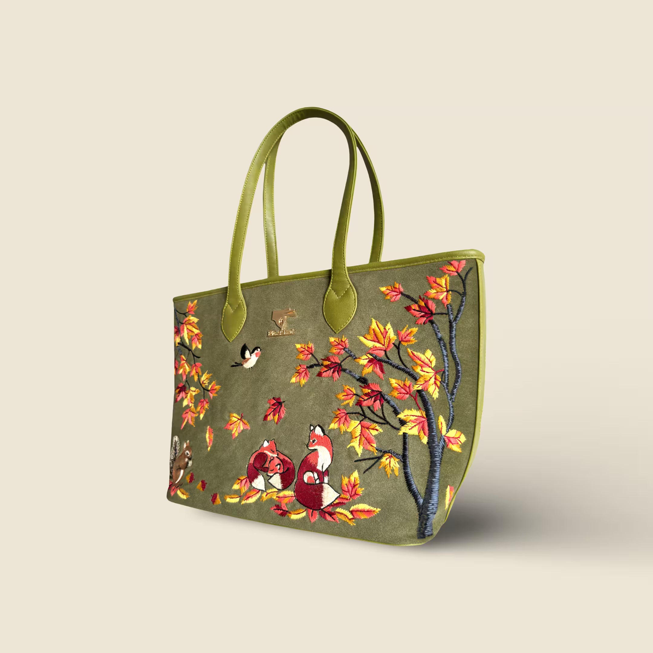 Olive Green Embroidery Autumn Whisper Tote Bag | Work, Travel & Office