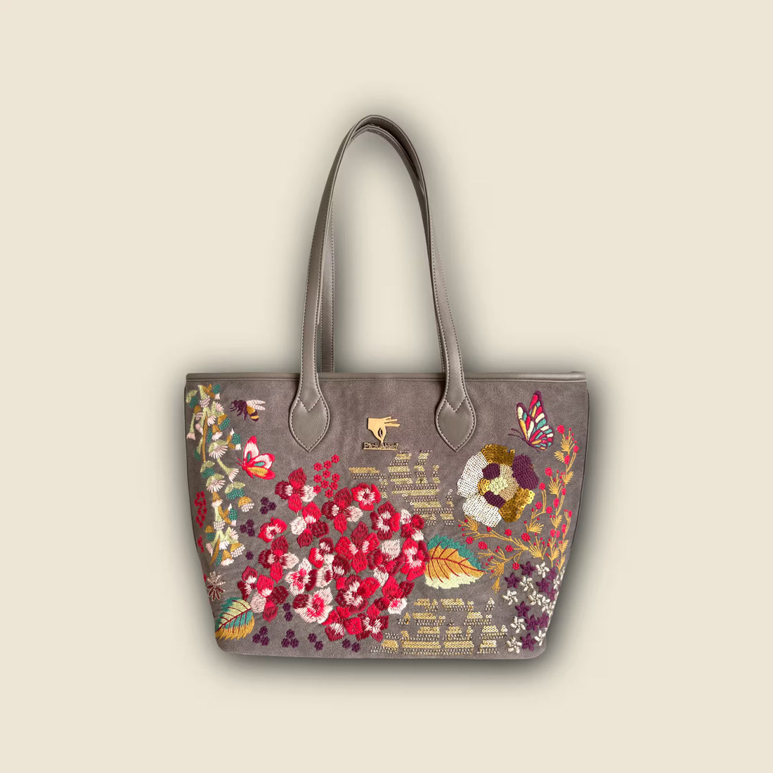 Grey Embroidery Vegan Leather Tote Bag | Function, Gift & Travel