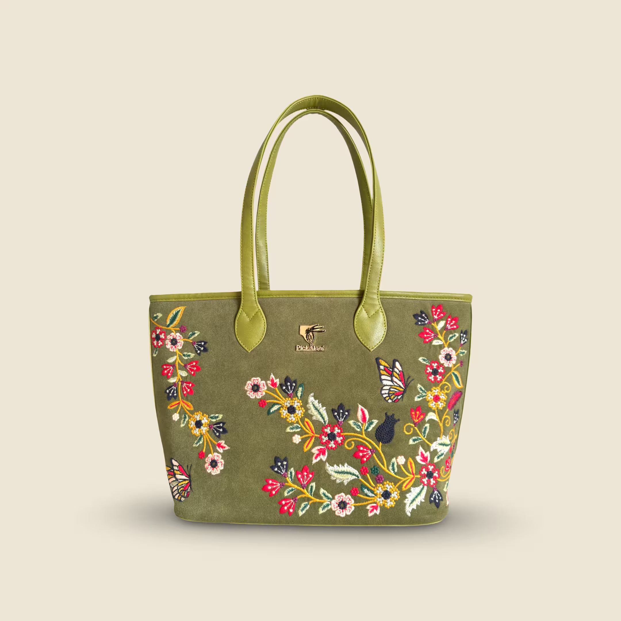 Olive Green Embroidery Waves Tote Bag | Work, Casual & Function