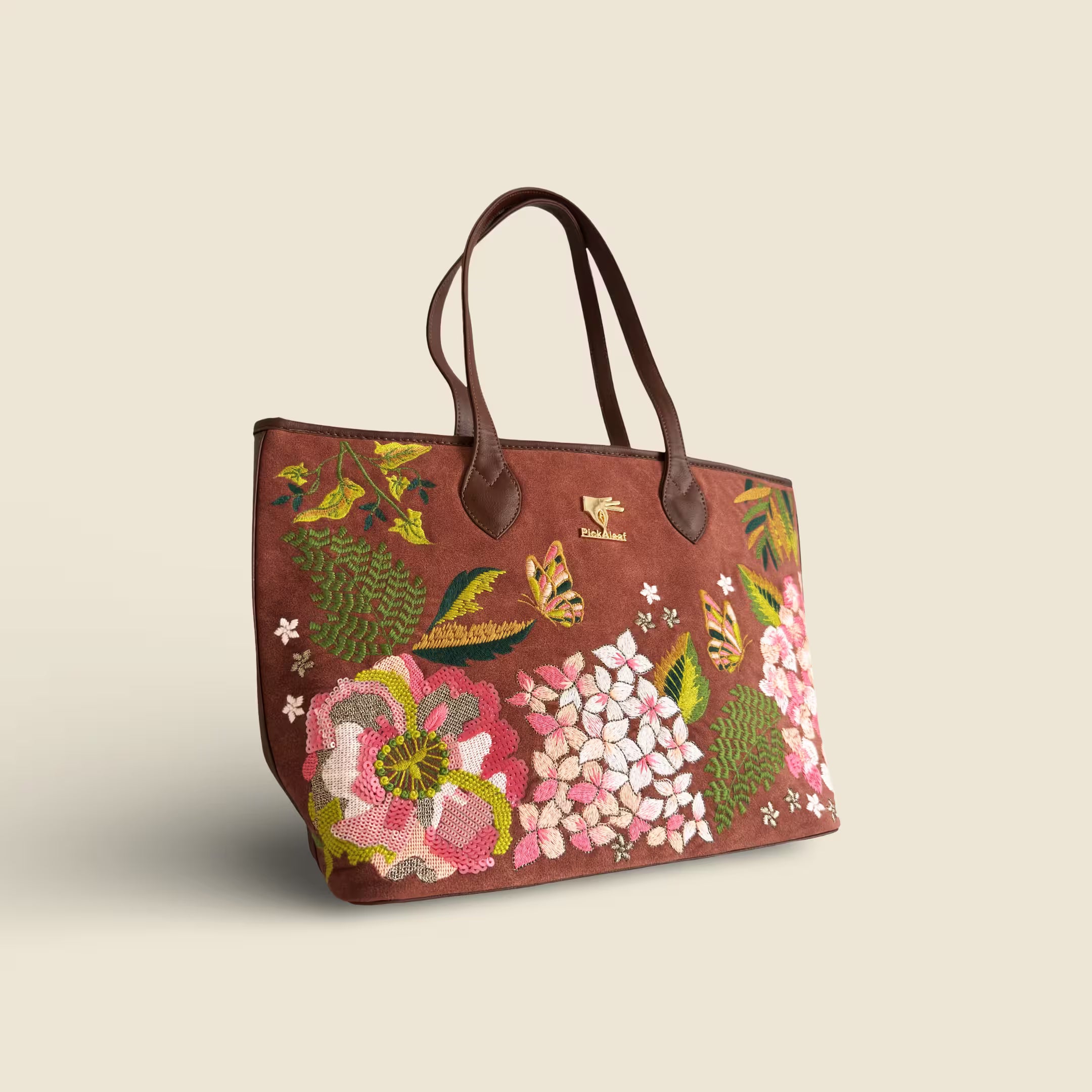 Brown Embroidery Blossom Wood Tote Bag | Wedding, Travel & Gift