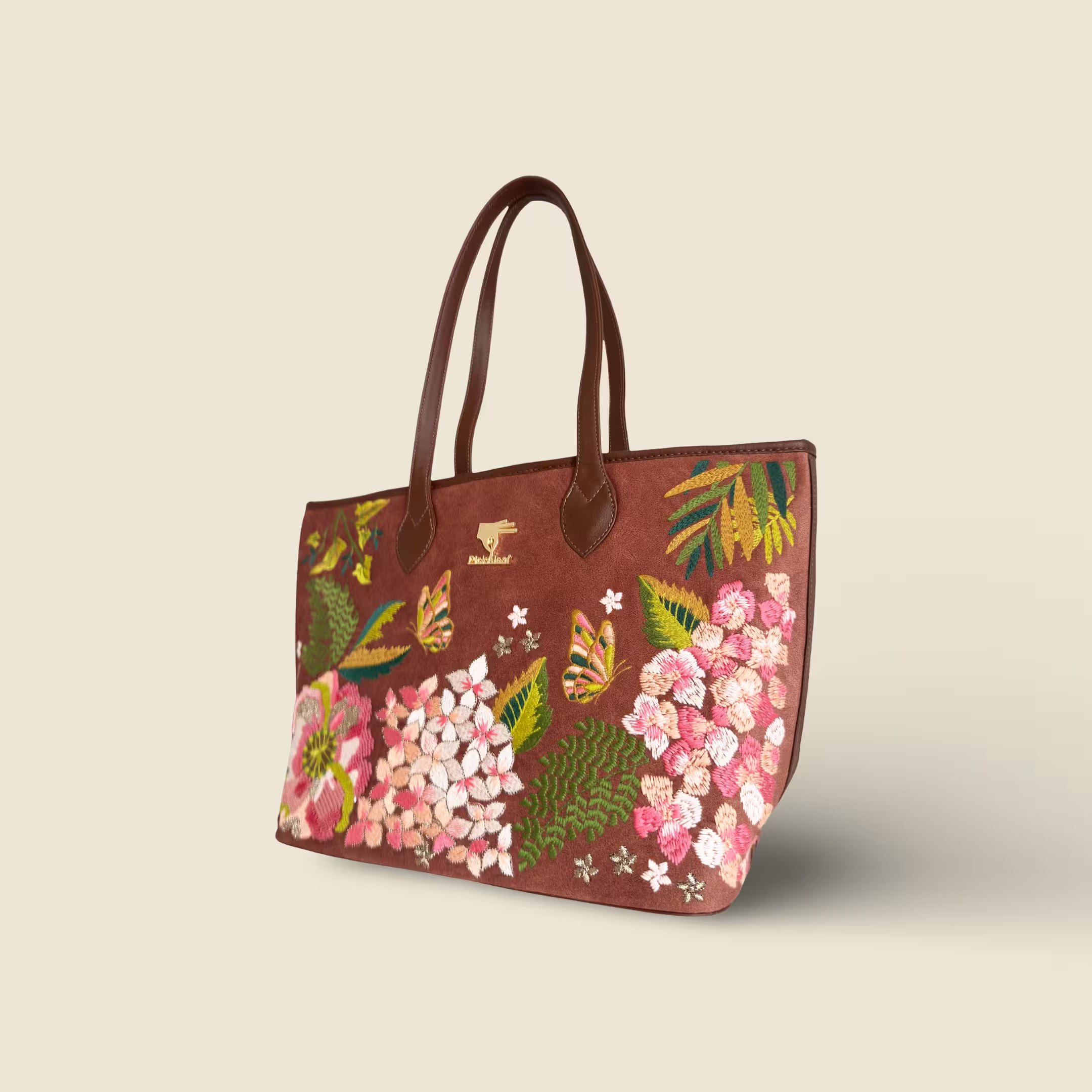 Brown Embroidery Blossom Wood Tote Bag | Wedding, Travel & Gift
