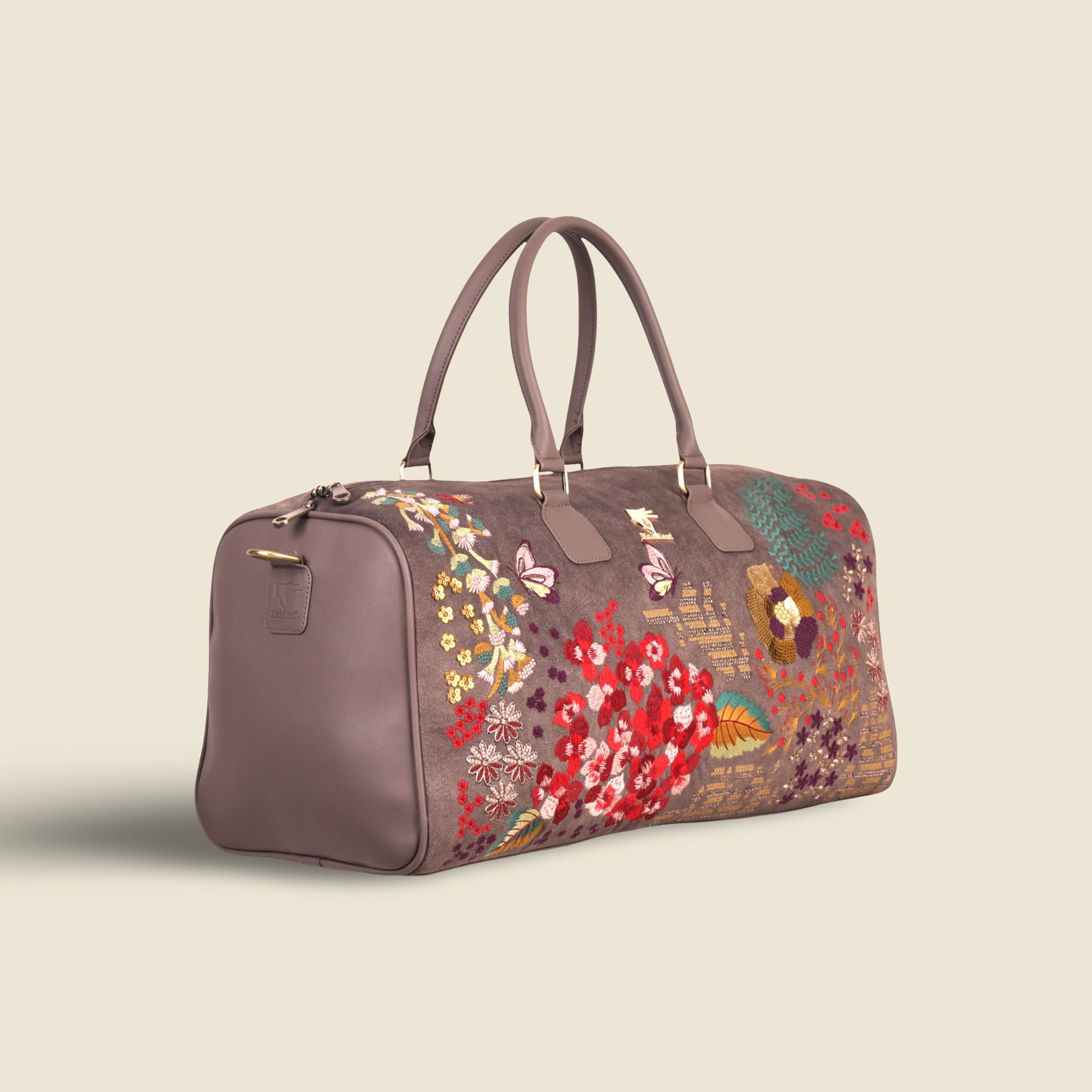 Grey Embroidery Designer Garden Grey Duffel Bag