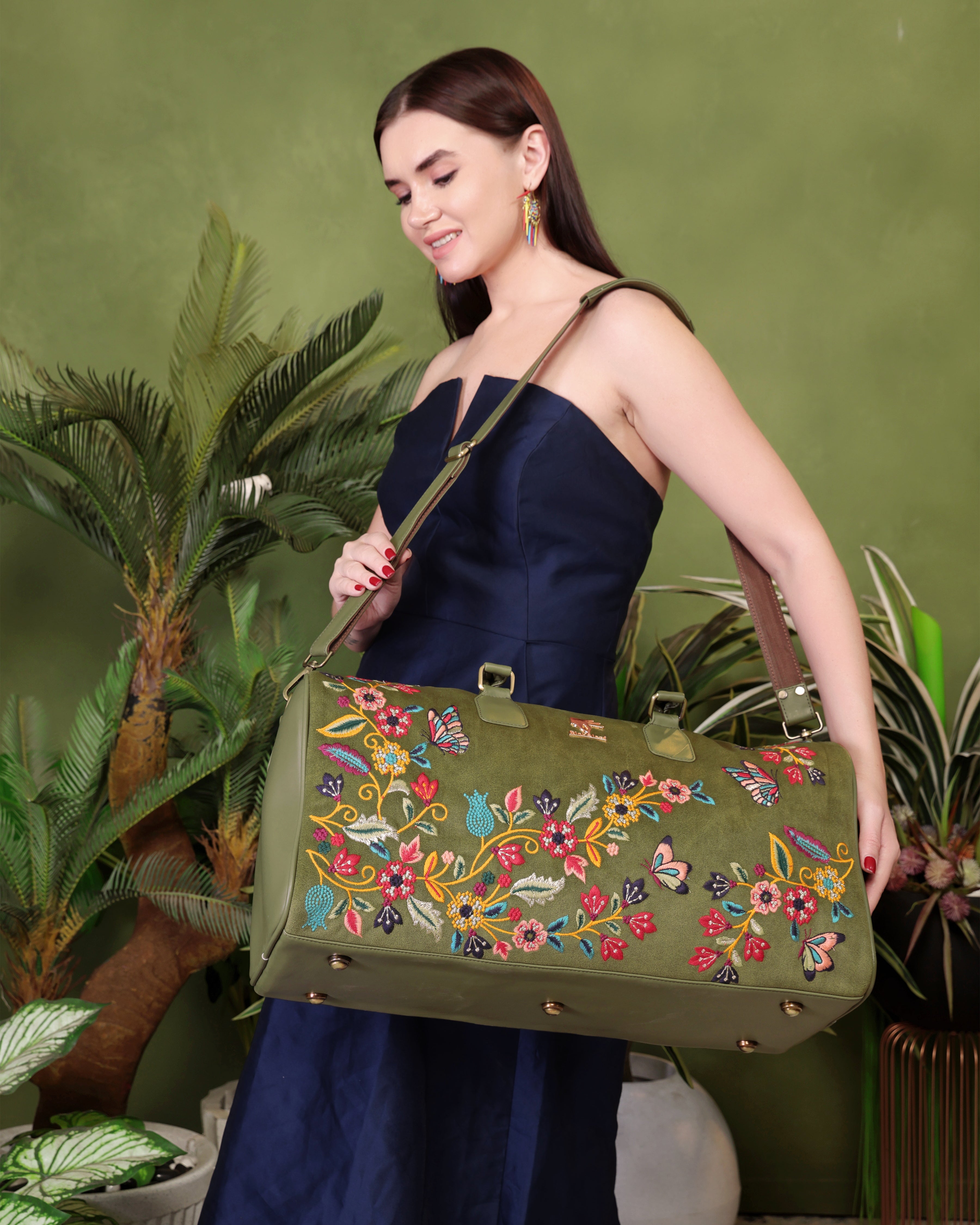 Olive Green Embroidery Waves Duffel Bag