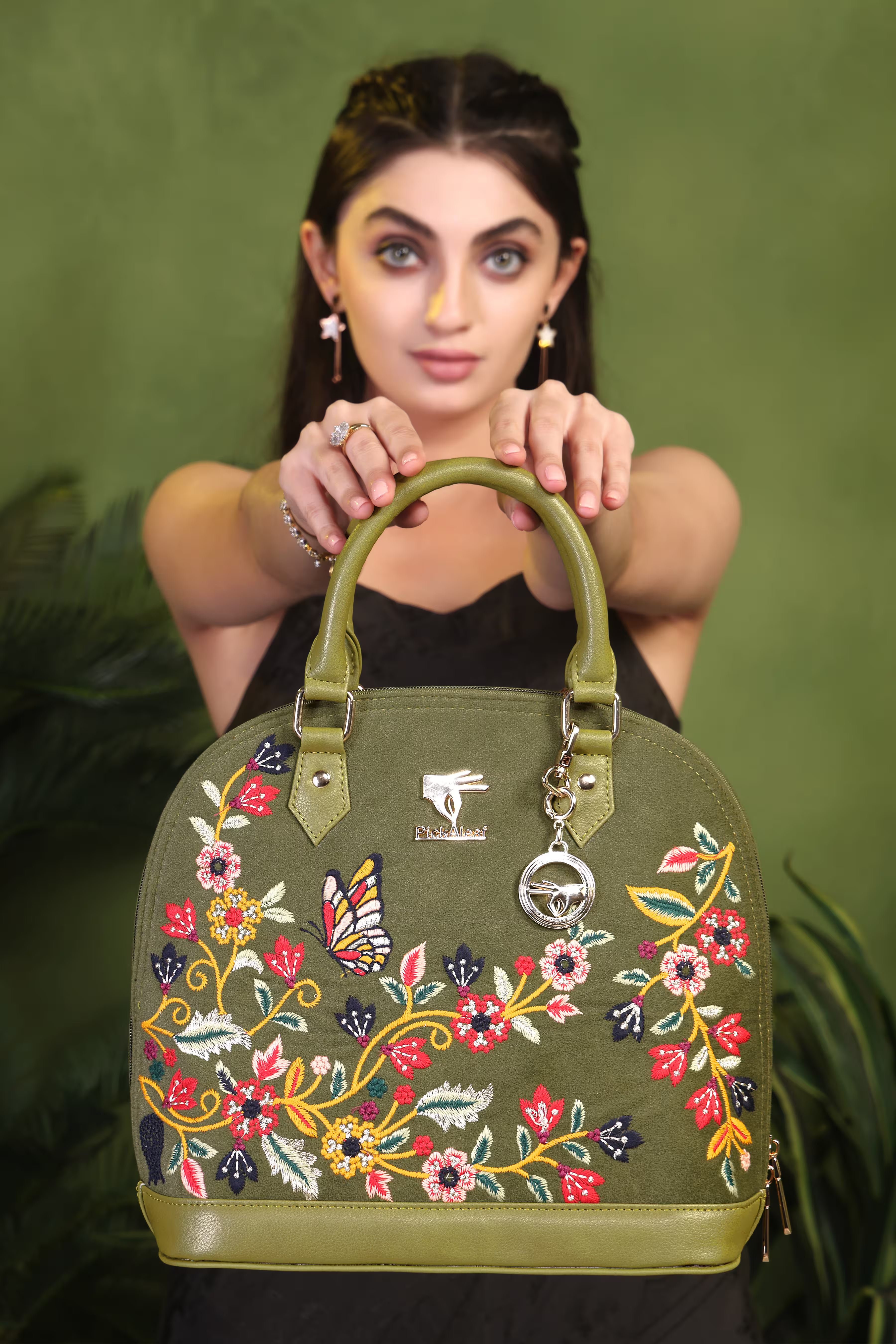 Olive Green Embroidery Waves Handbag