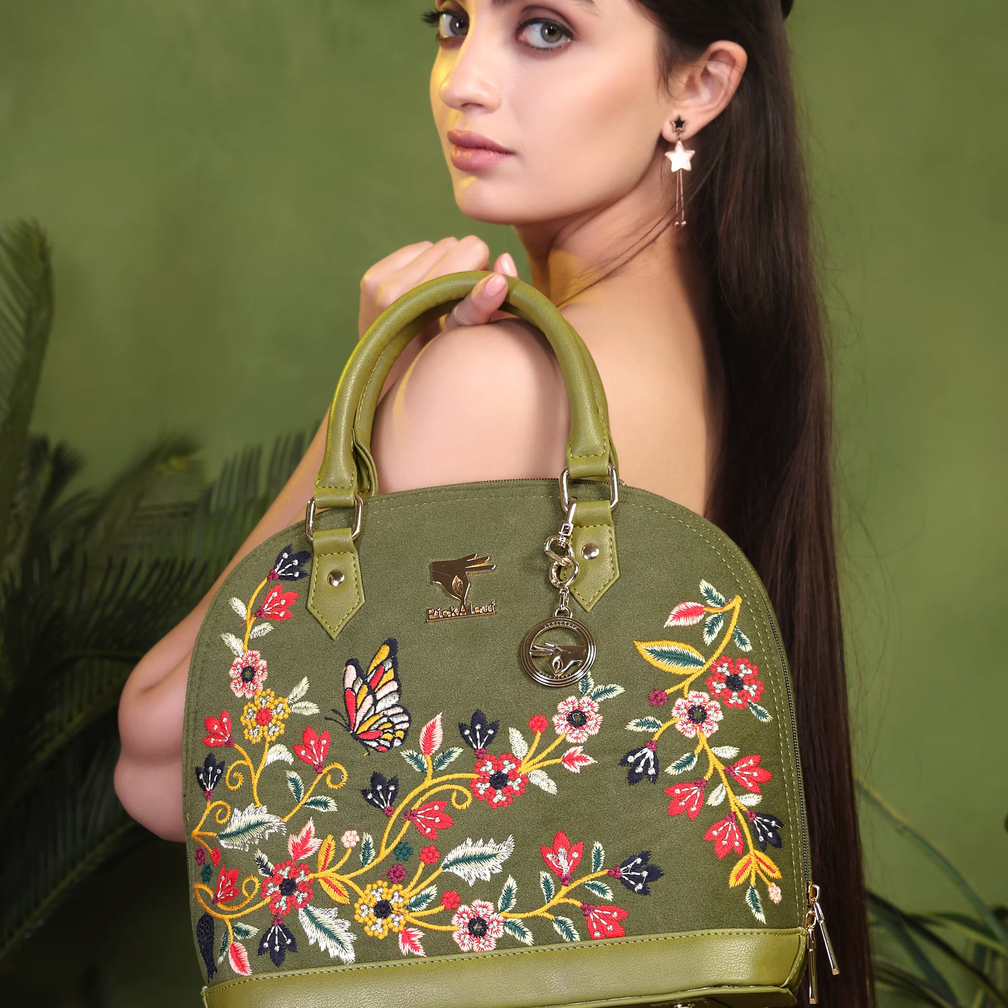 Olive Green Embroidery Waves Handbag