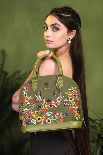 Olive Green Embroidery Waves Handbag