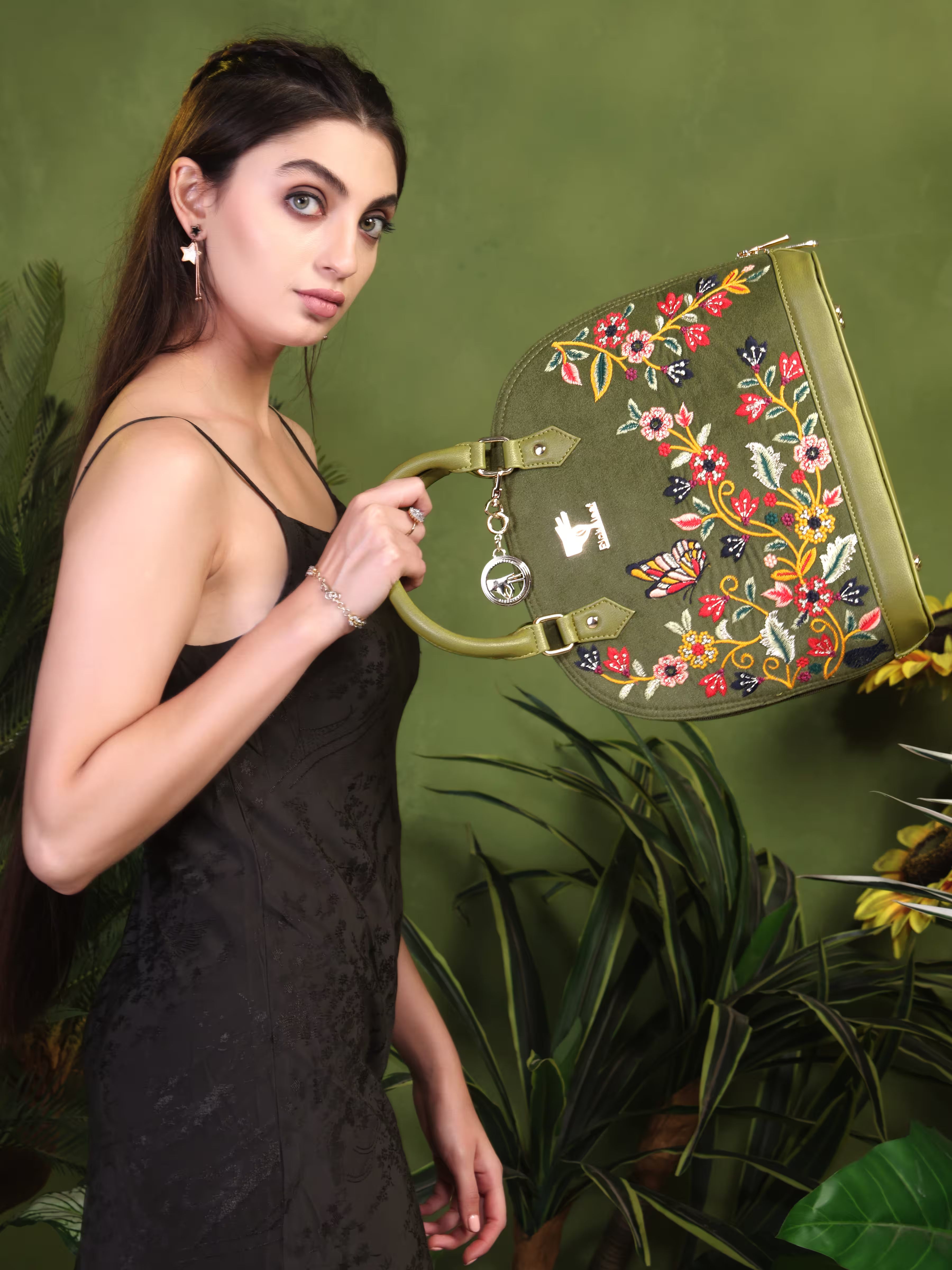 Olive Green Embroidery Waves Handbag