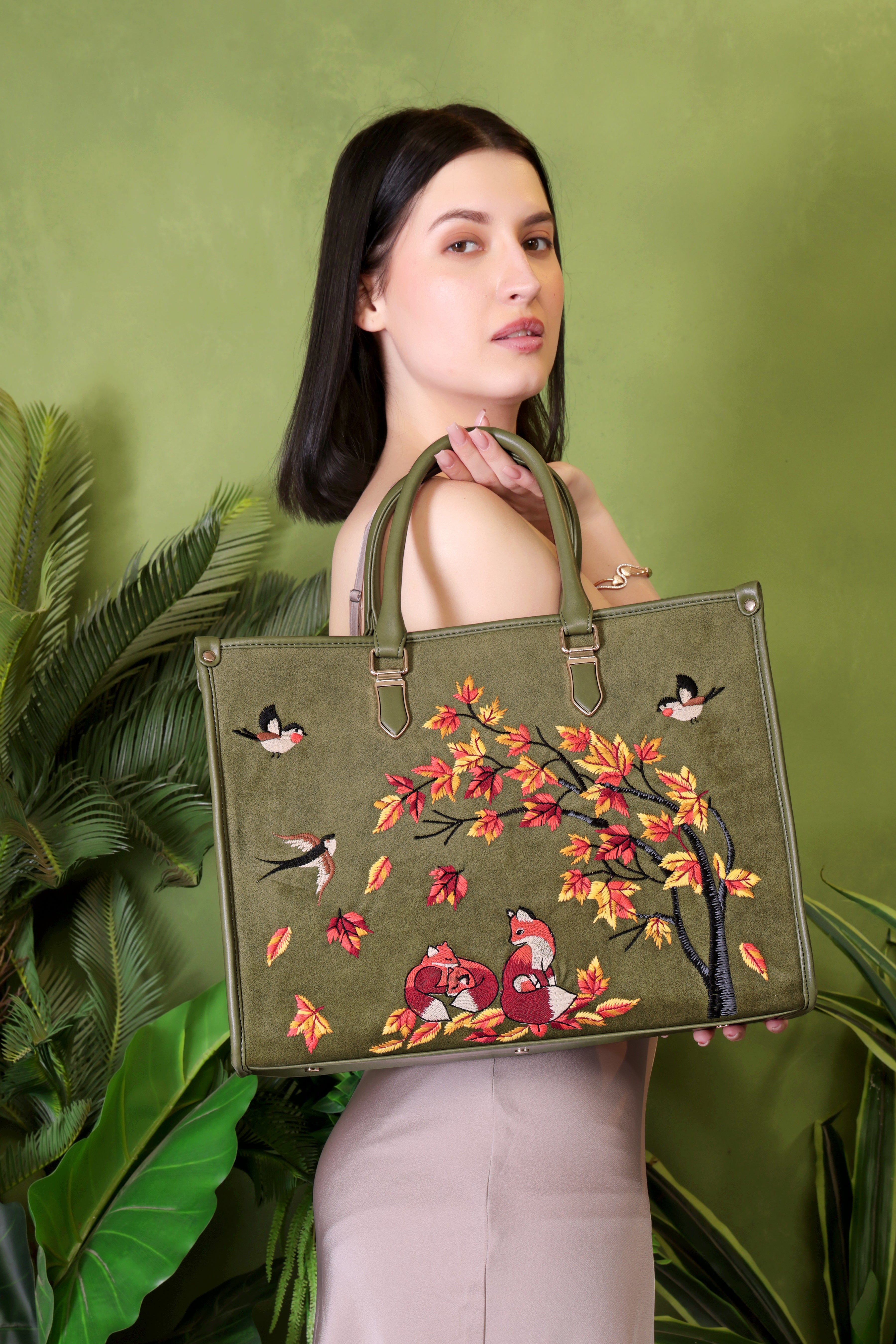 Olive Green Embroidery Autumn Whisper Shoulder Bag