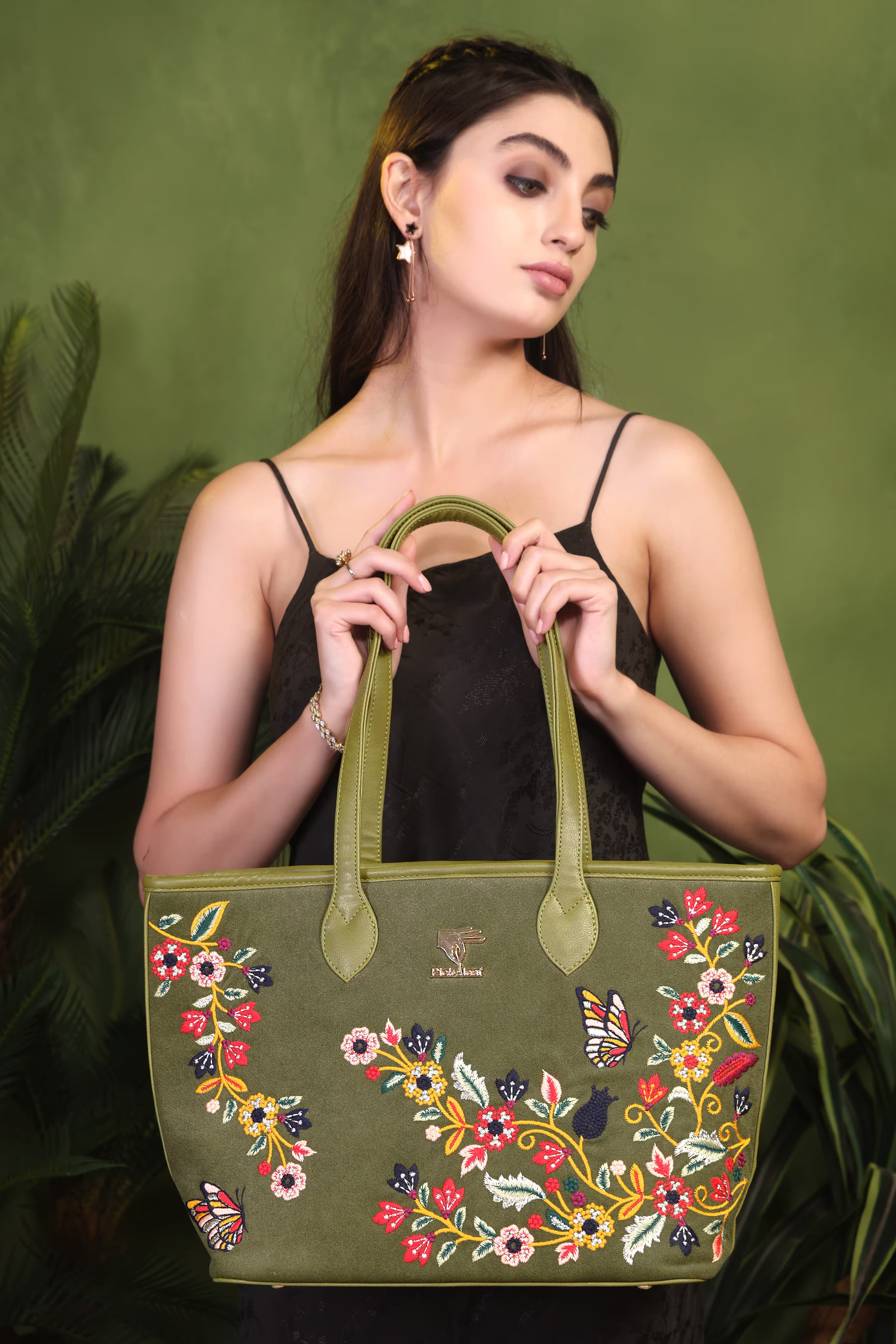 Olive Green Embroidery Waves Tote Bag | Work, Casual & Function