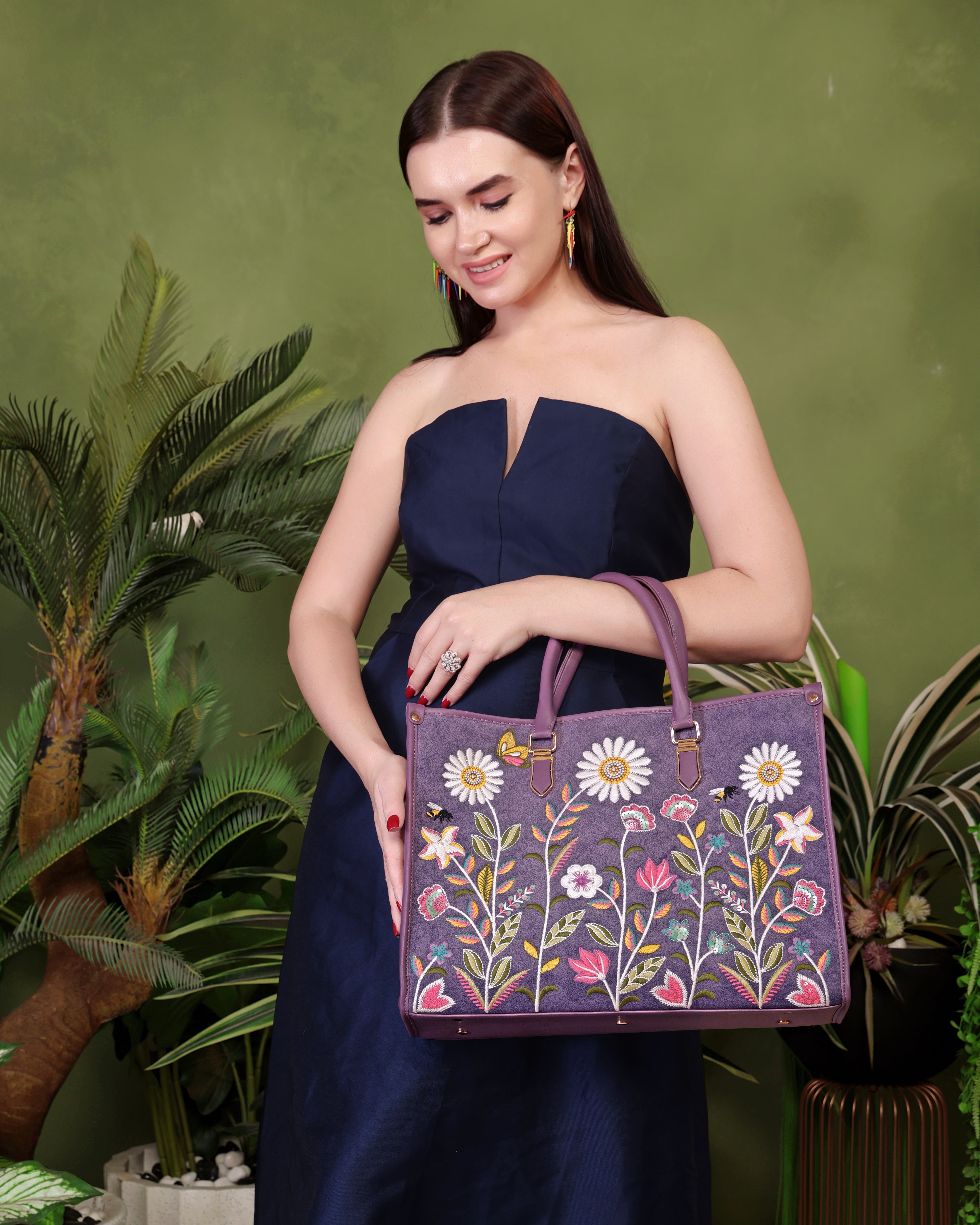 Purple Embroidery Daisy Dream Shoulder Bag