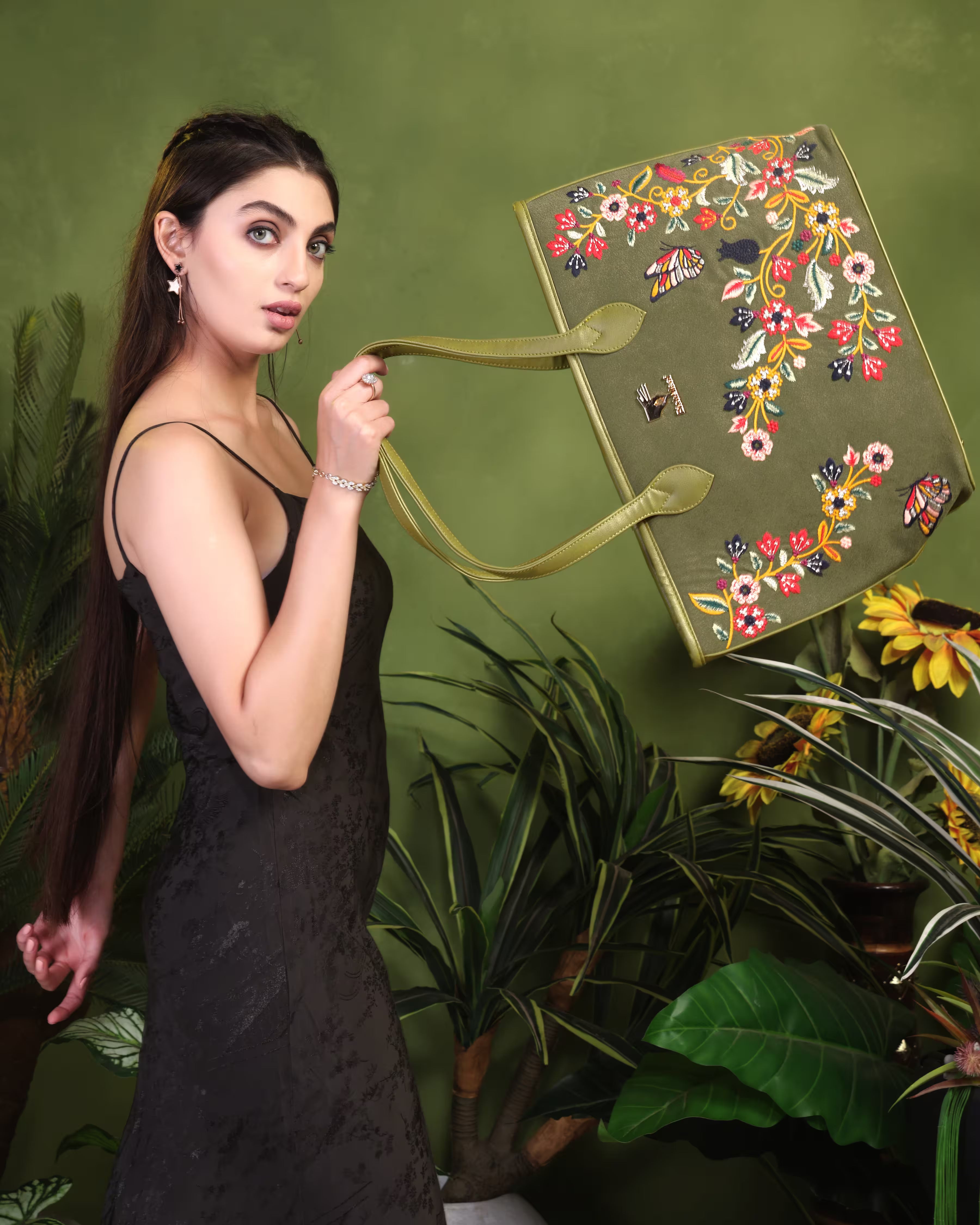 Olive Green Embroidery Waves Tote Bag | Work, Casual & Function