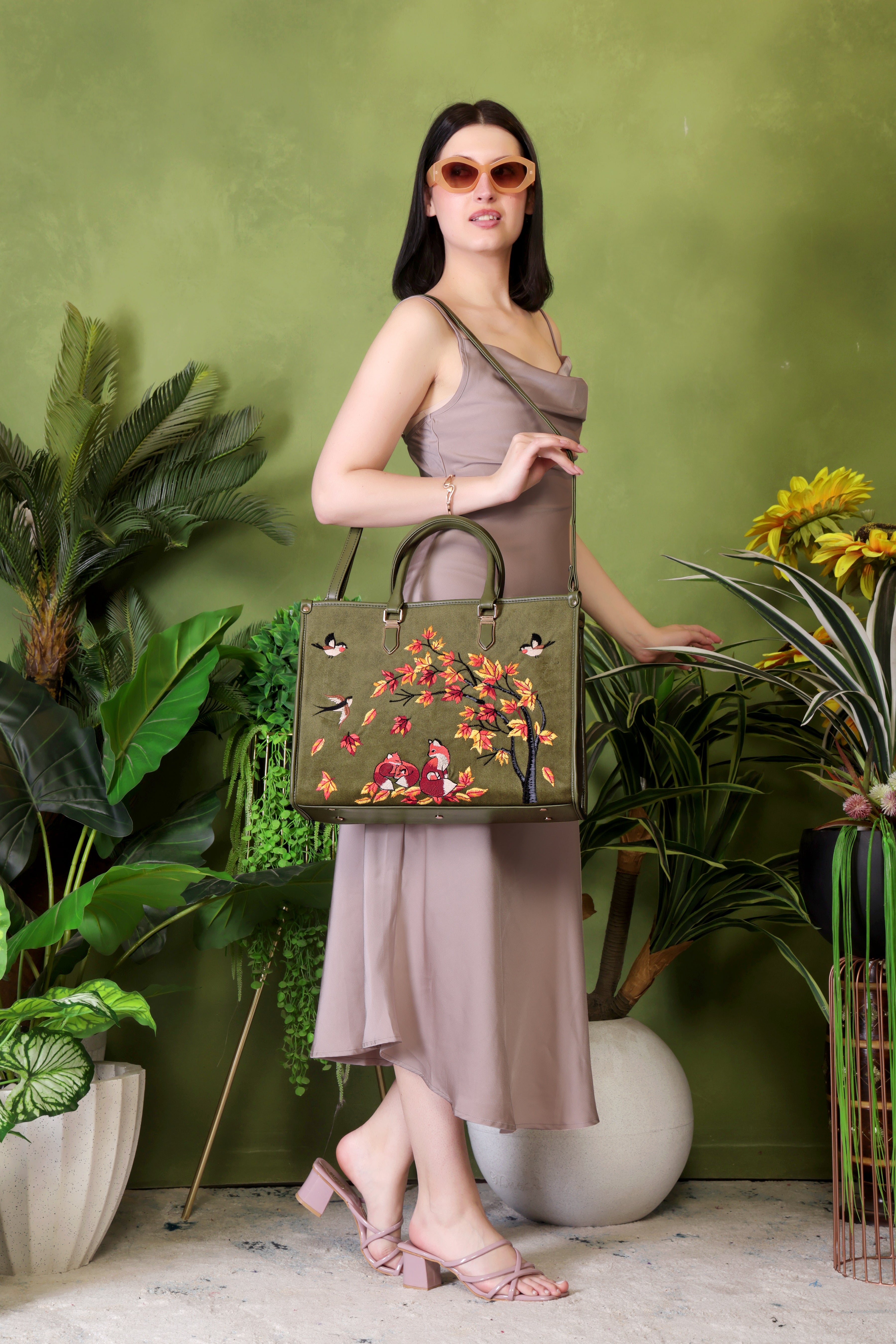 Olive Green Embroidery Autumn Whisper Shoulder Bag