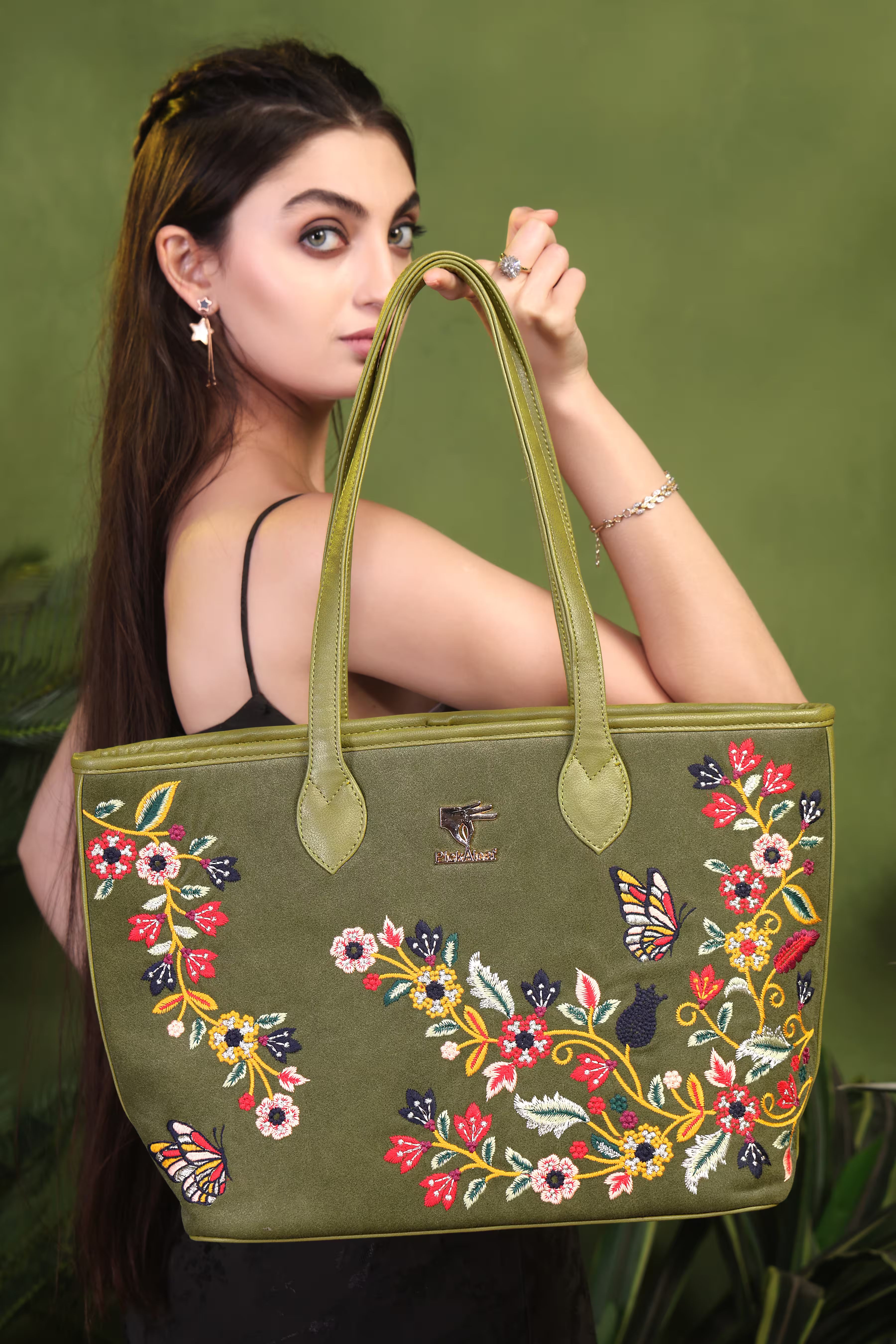 Olive Green Embroidery Waves Tote Bag | Work, Casual & Function