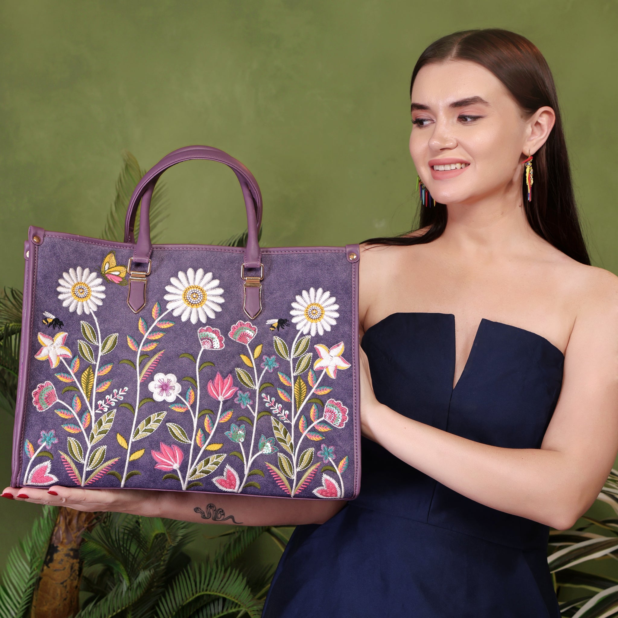 Purple Embroidery Daisy Dream Shoulder Bag
