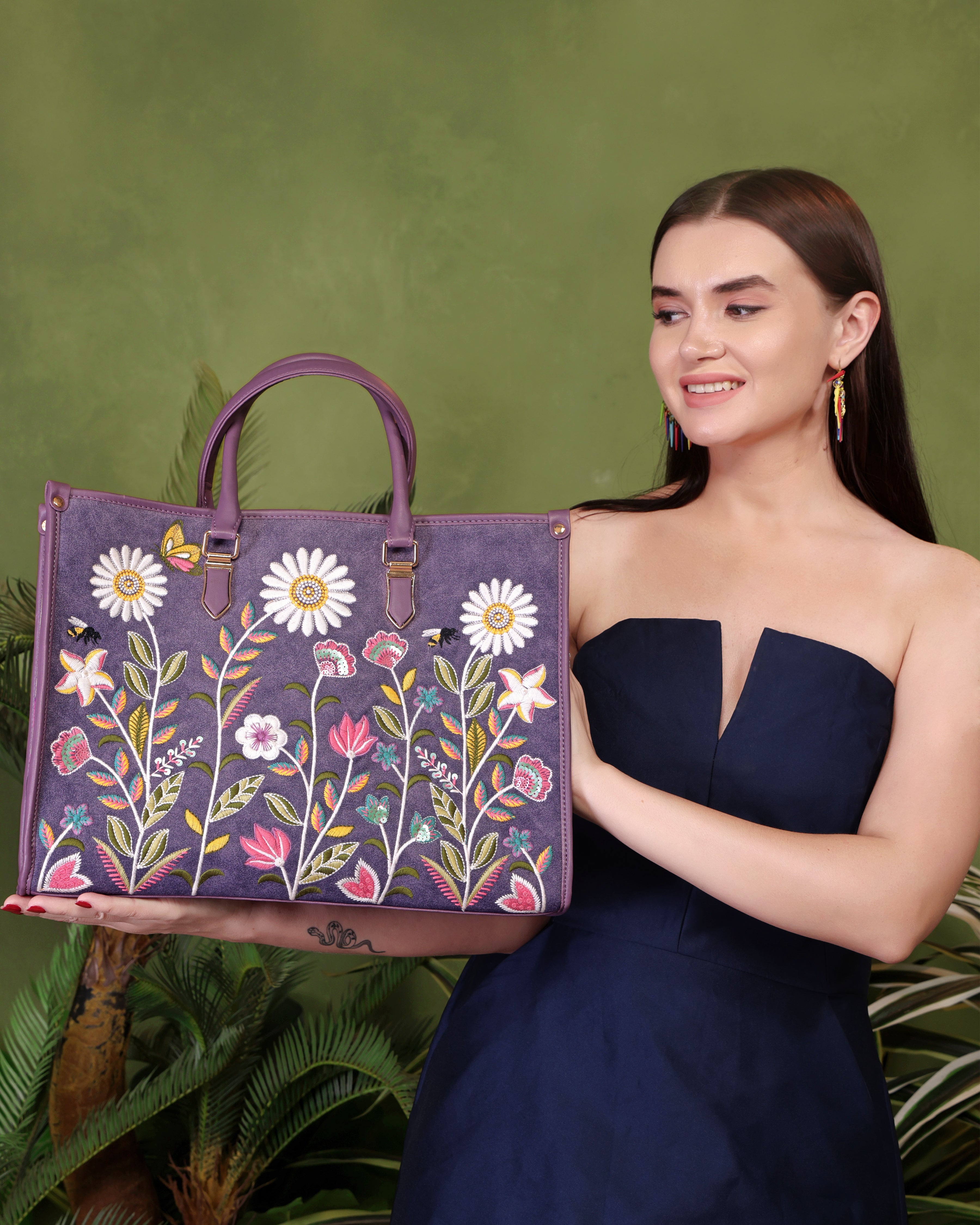 Purple Embroidery Daisy Dream Shoulder Bag