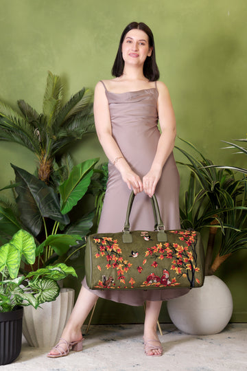 Olive Green Embroidery Autumn Whisper Duffel Bag