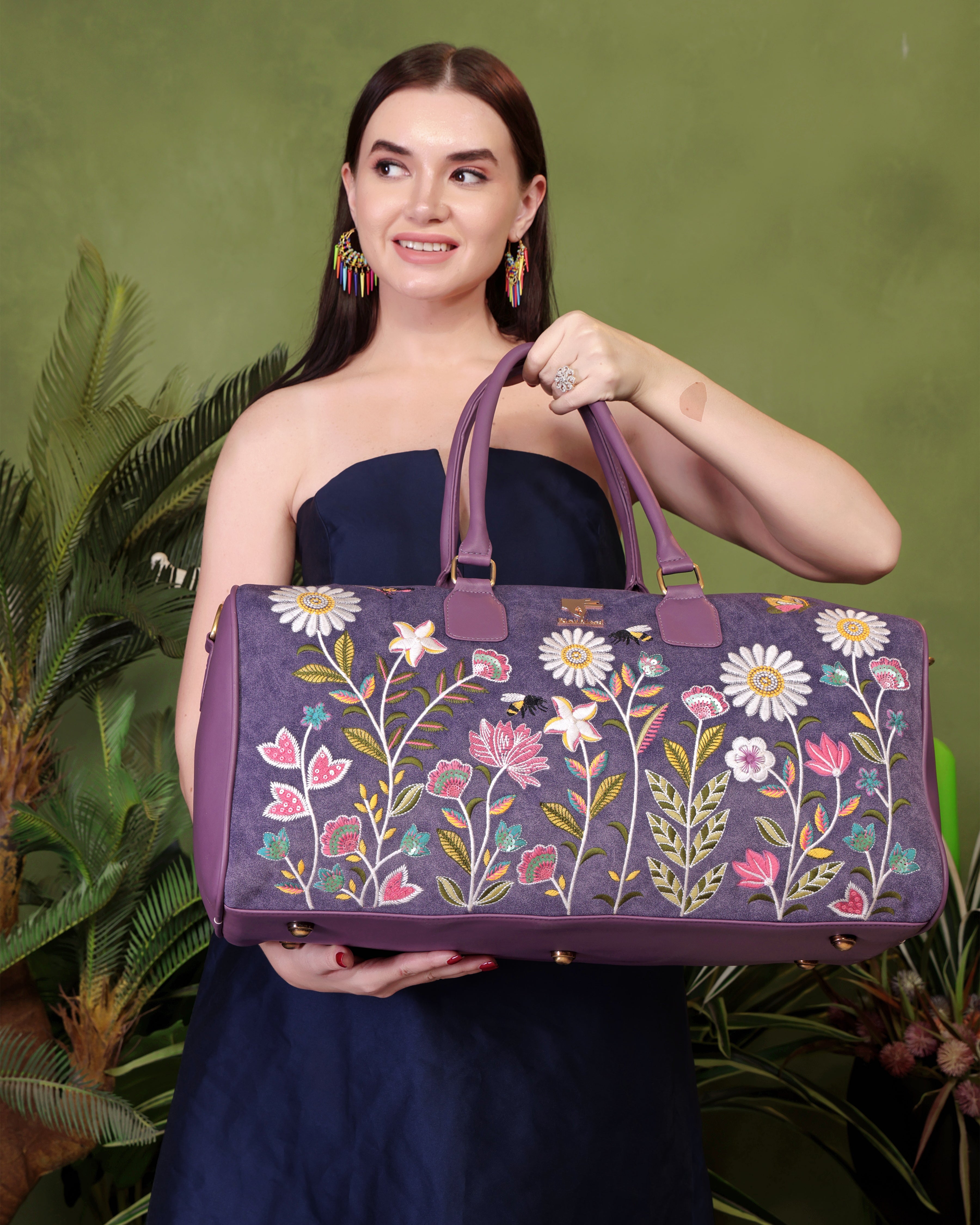 Purple Embroidery Daisy Dream Duffel Bag