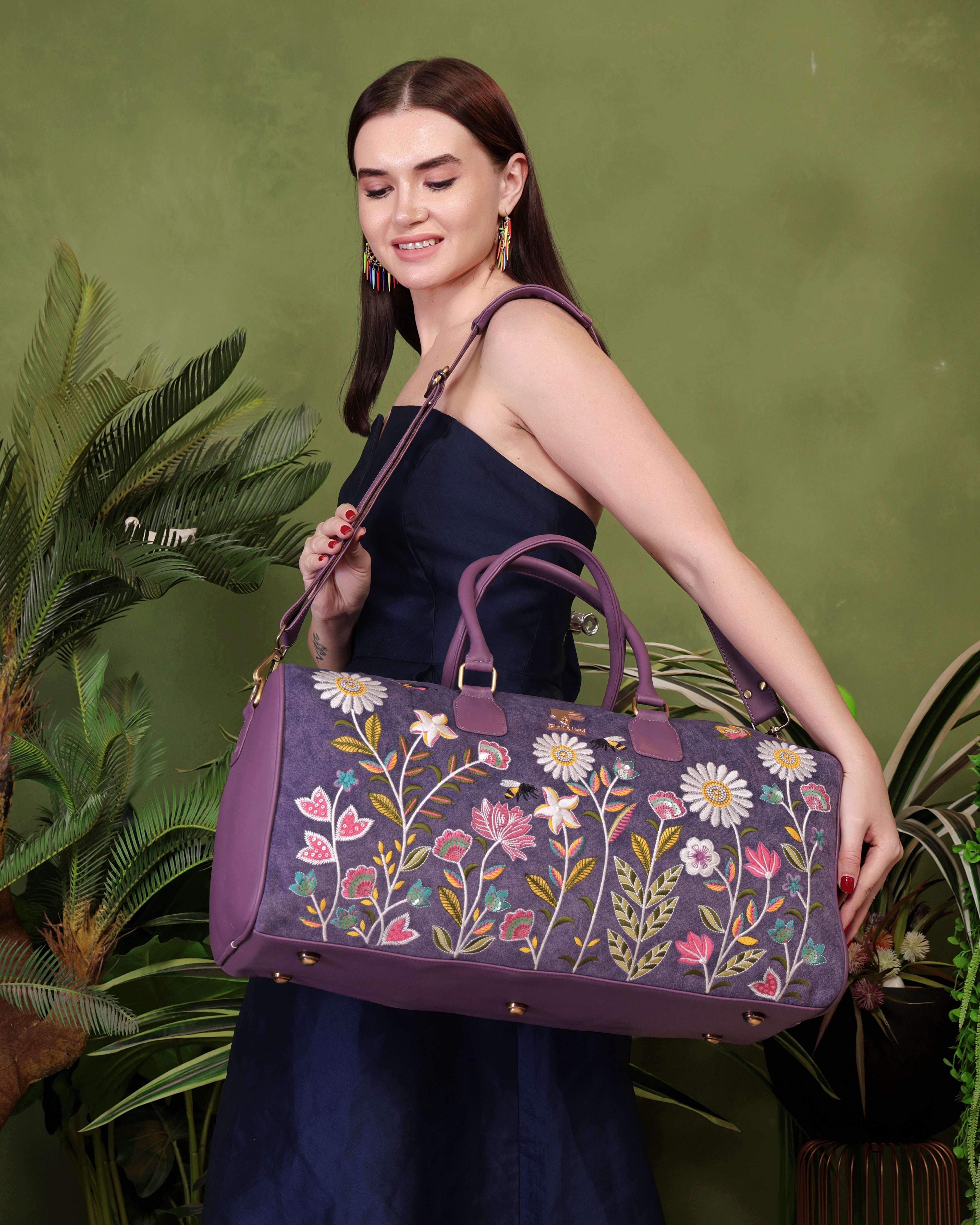 Purple Embroidery Daisy Dream Duffel Bag