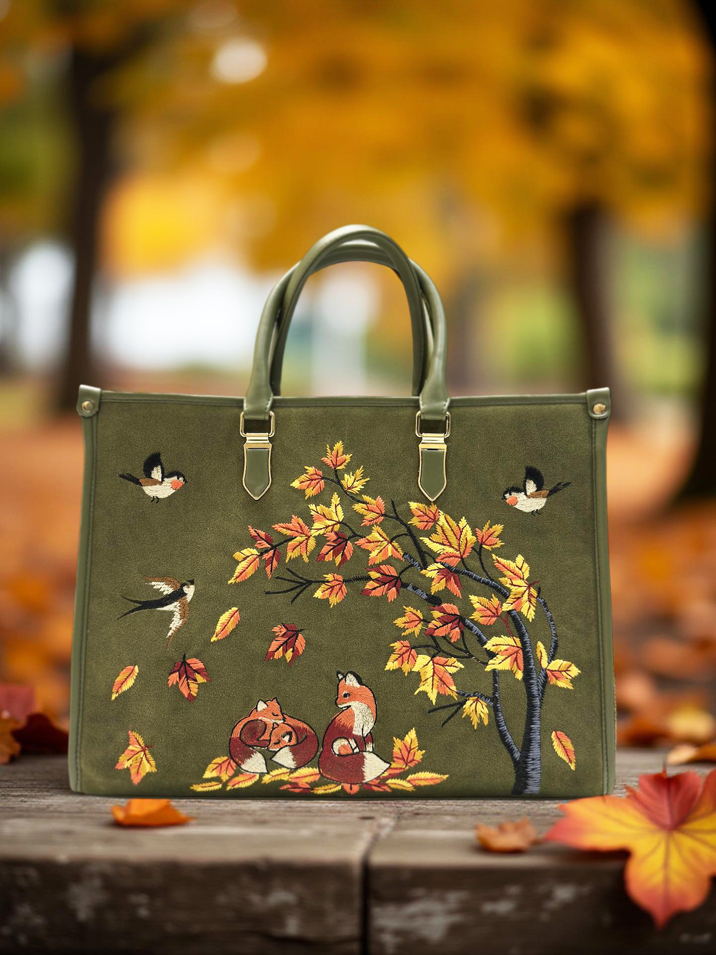 Olive Green Embroidery Autumn Whisper Shoulder Bag